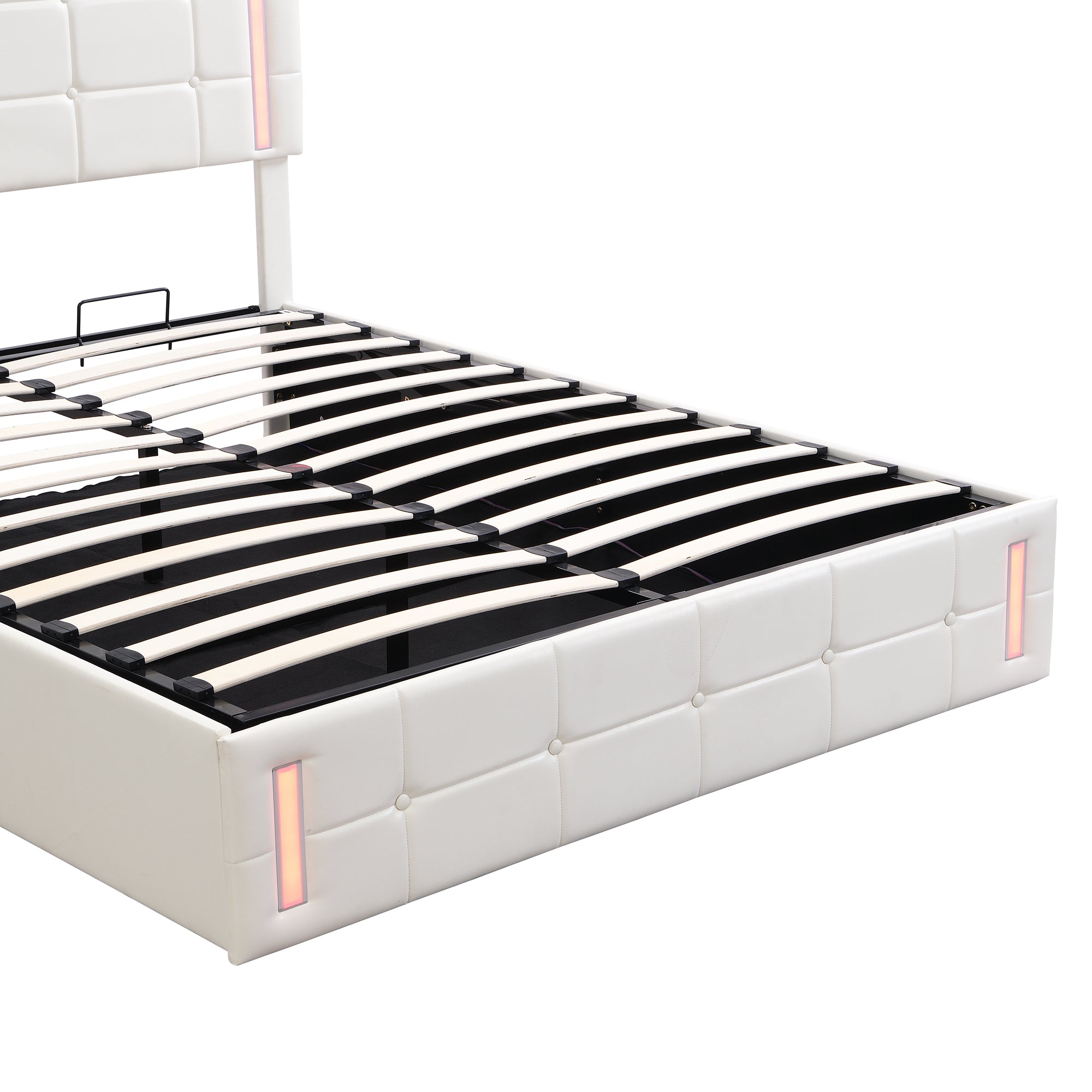 Full Size Upholstered Bed with LED Lights,Hydraulic Storage System and USB Charging Station,White