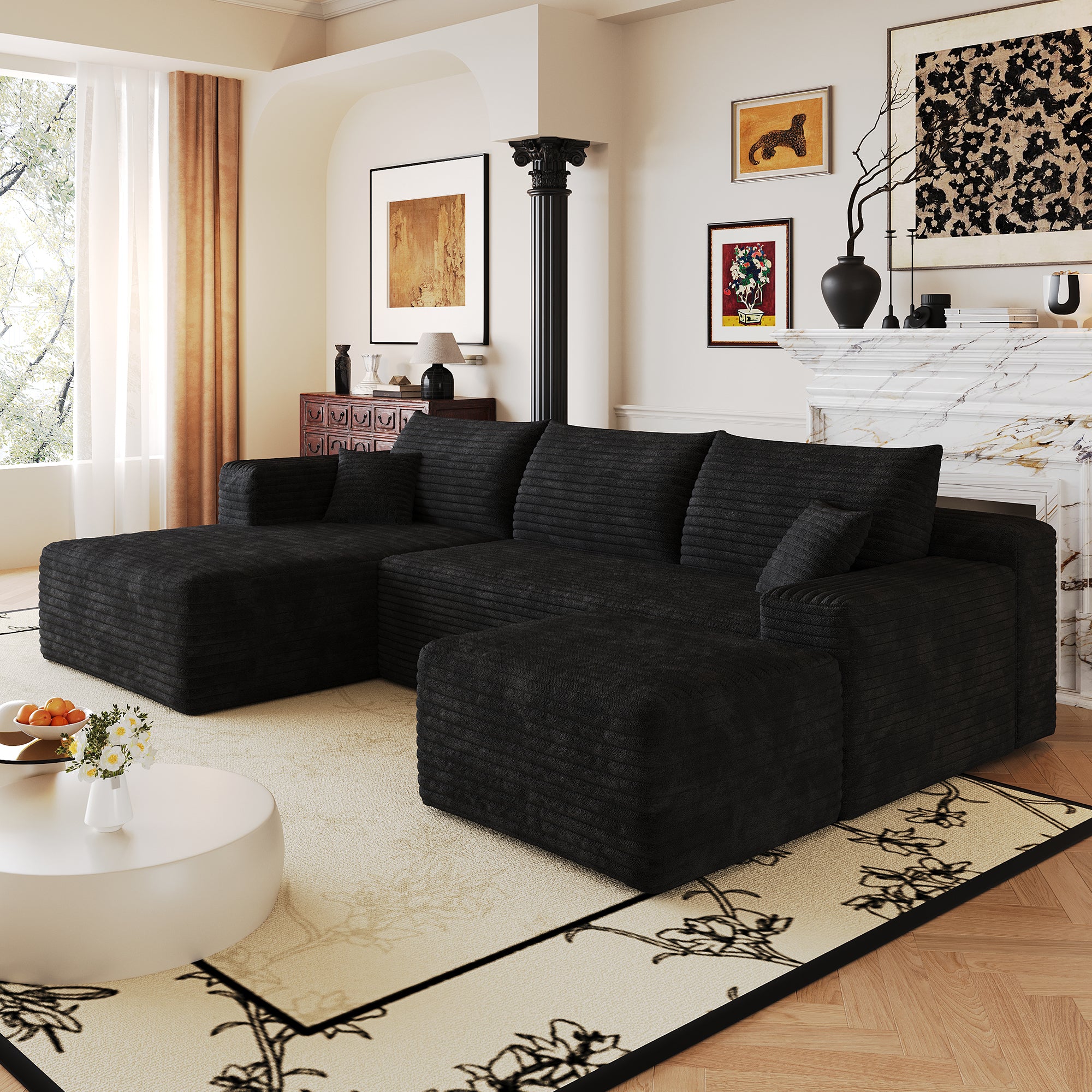 Black corduroy sectional couch plush fabric detail close-up