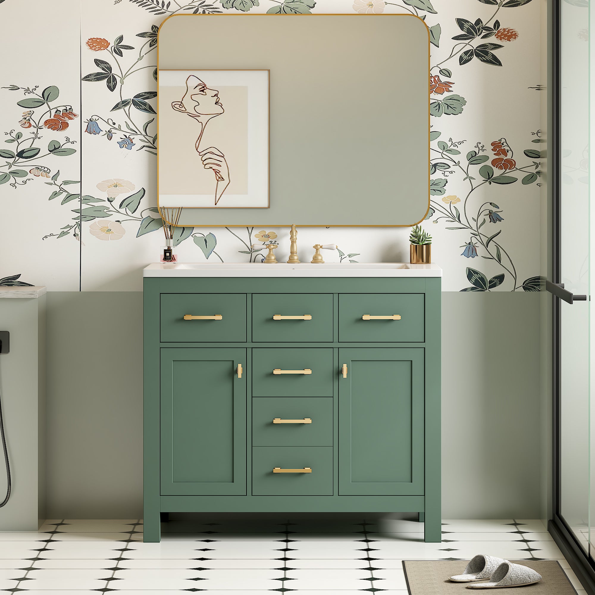 Green freestanding bathroom vanity 36 inch with 4 drawers and 2 cabinets, angled view