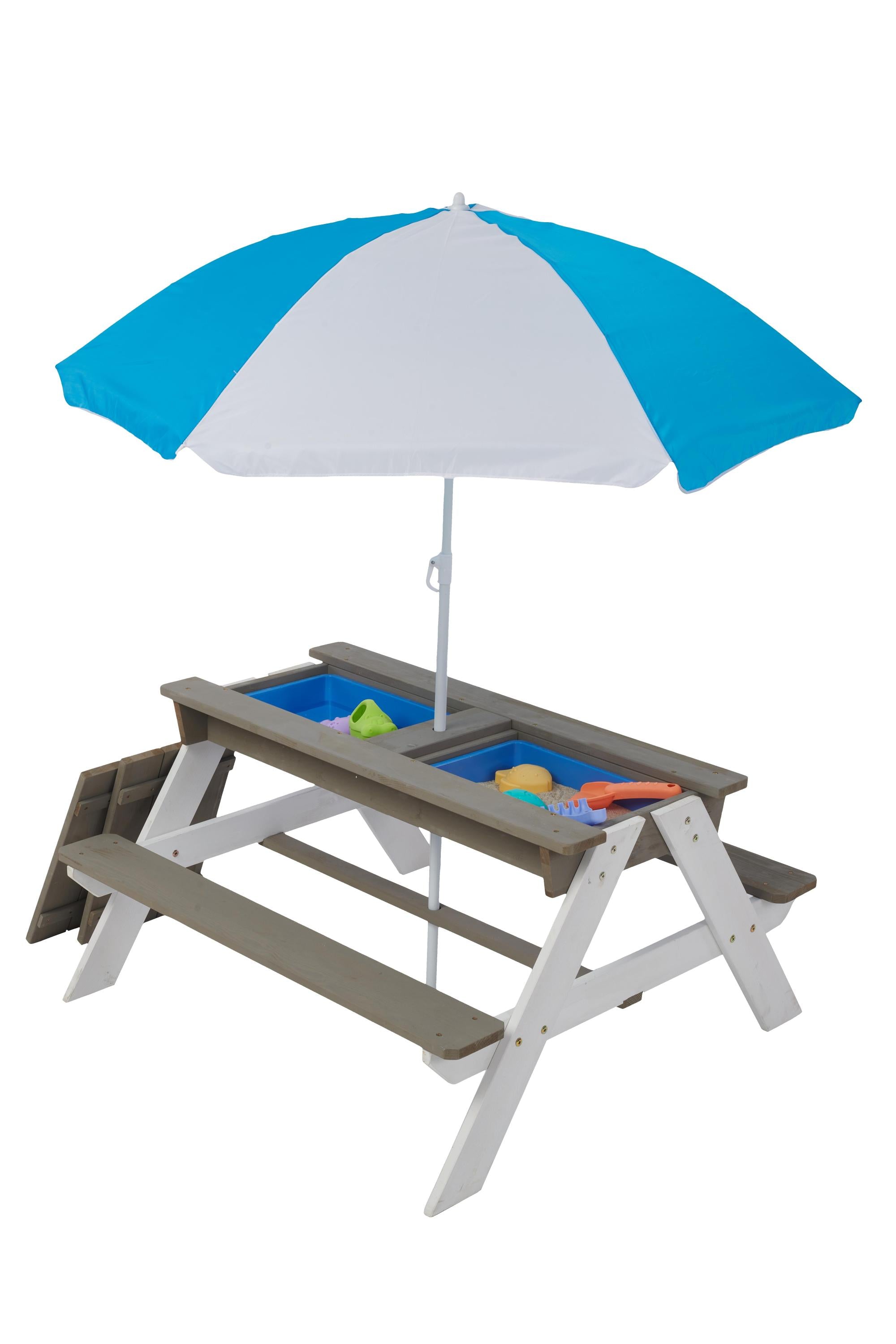 Wooden Kids Picnic Table, Sand and Water Table with Umbrella, Activity Table for Outdoor Backyard Patio Play