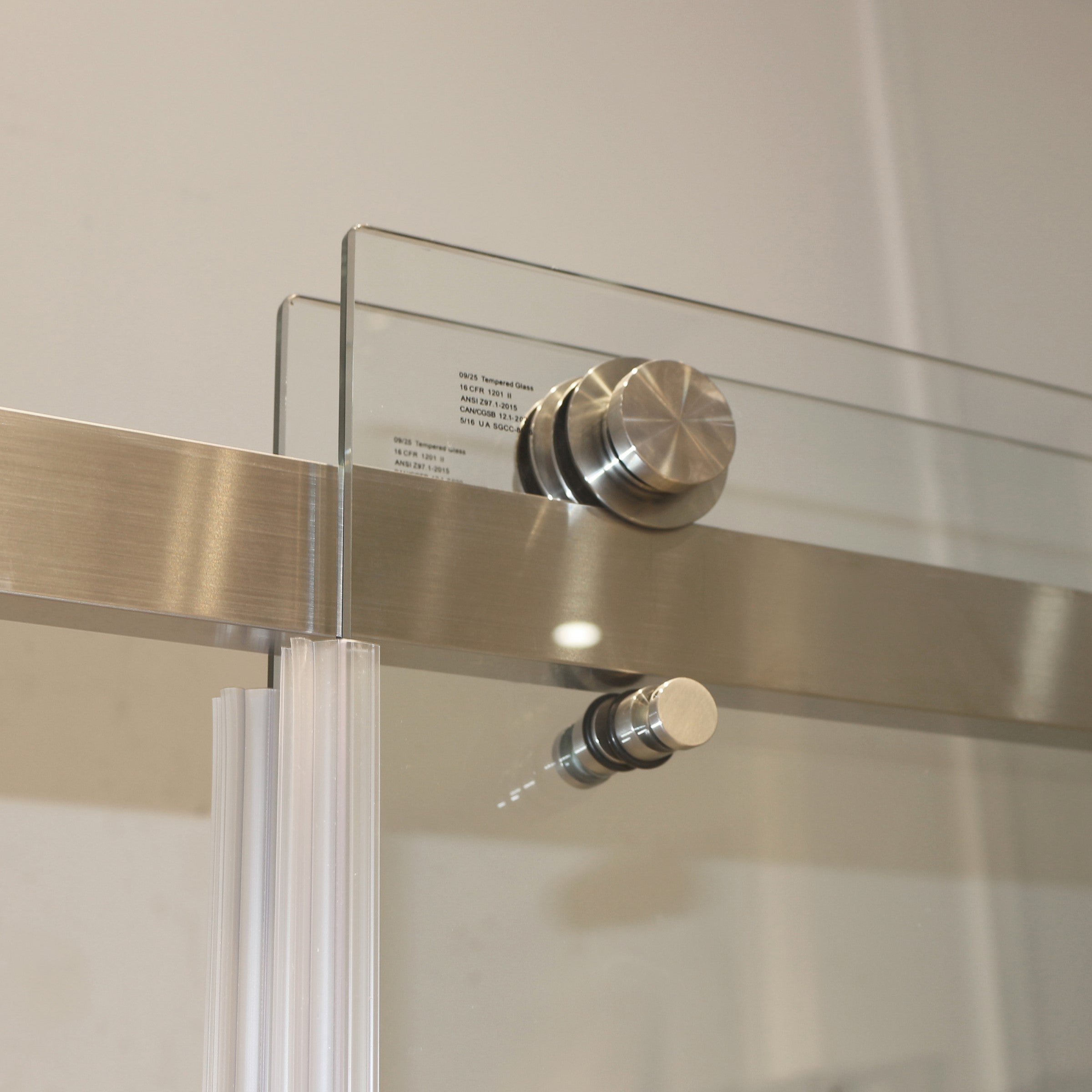 Frameless sliding shower door brushed nickel installed side view
