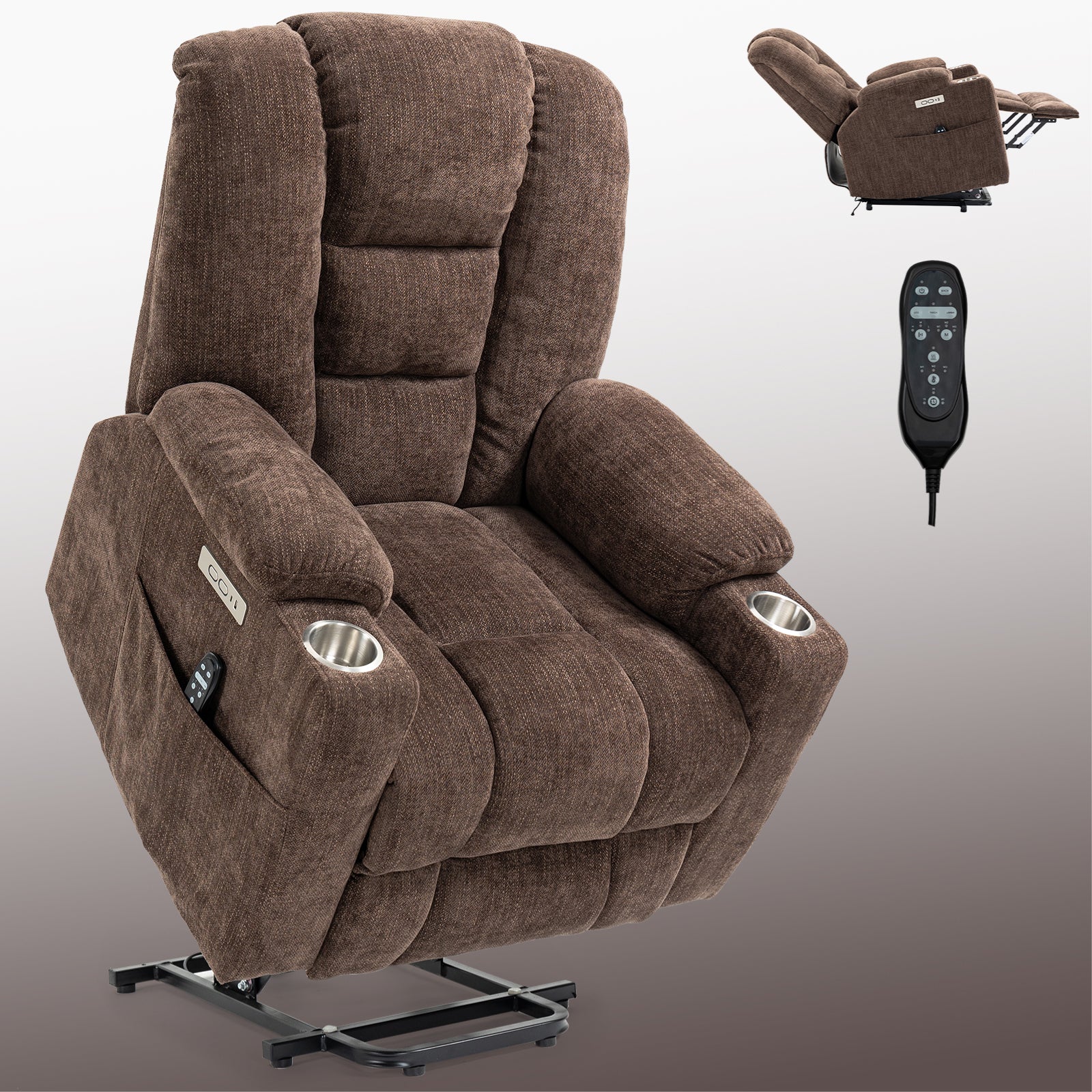 EMON'S Large Power Lift Recliner Chair with Massage and Heat for Elderly, Overstuffed Wide Recliners, Heavy Duty Motion Mechanism with USB and Type C Ports, 2 Steel Cup Holders, Brown