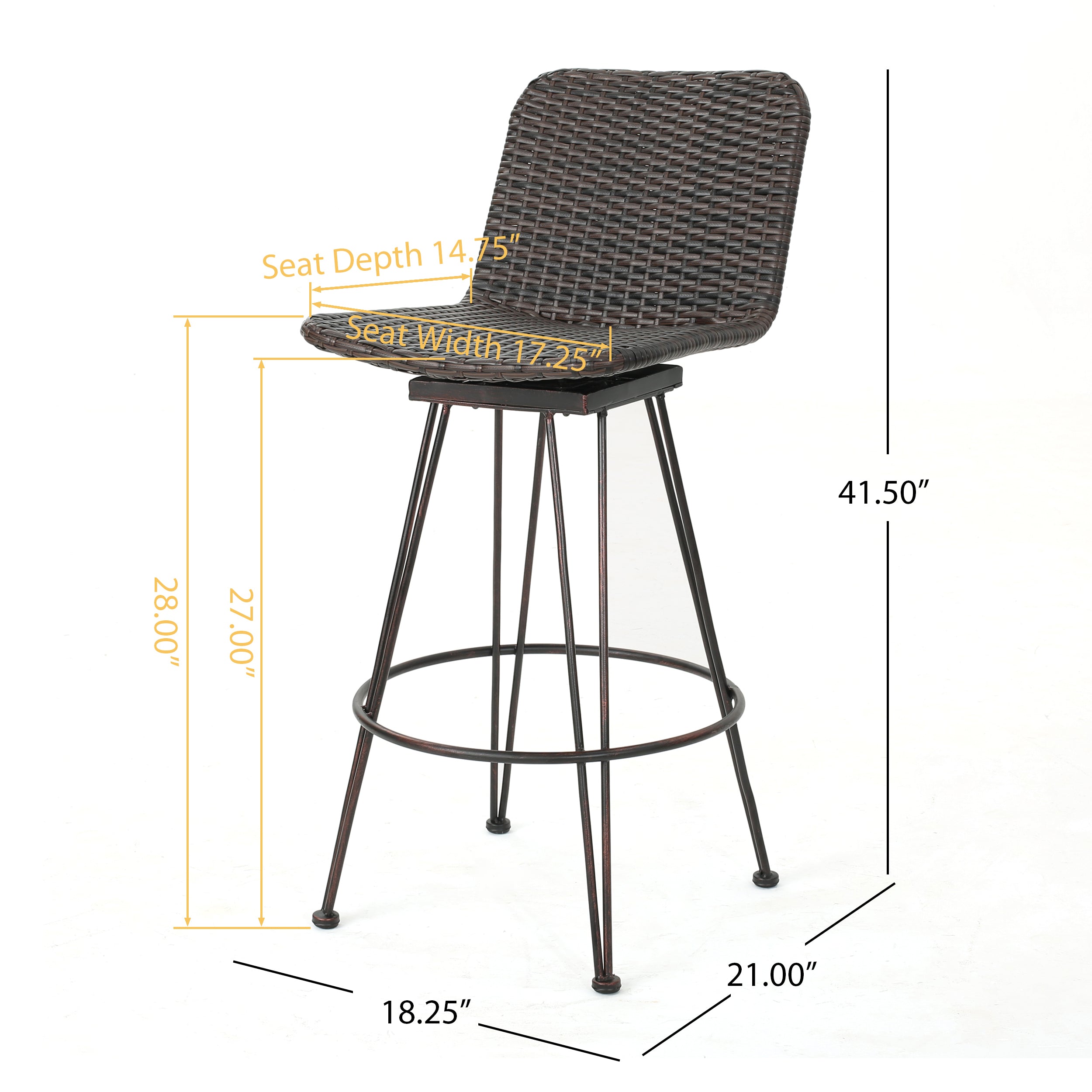 28" Outdoor PE Rattan Barstools with Black Brush Copper Iron Frame, Multibrown (Set of 2)