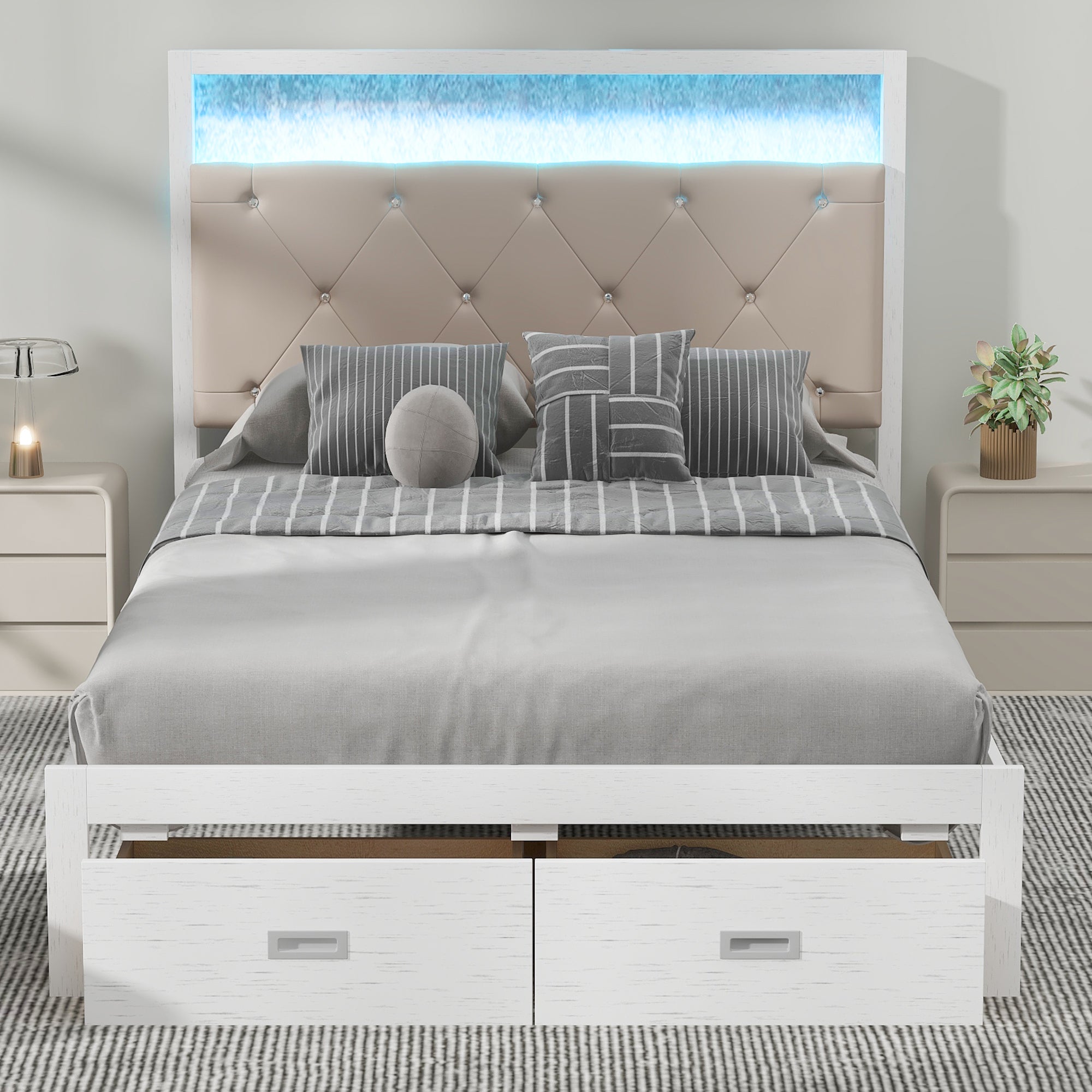 Wood Full Size Platform Bed with Upholstered Headboard and LED and 2 Drawers, Antique White