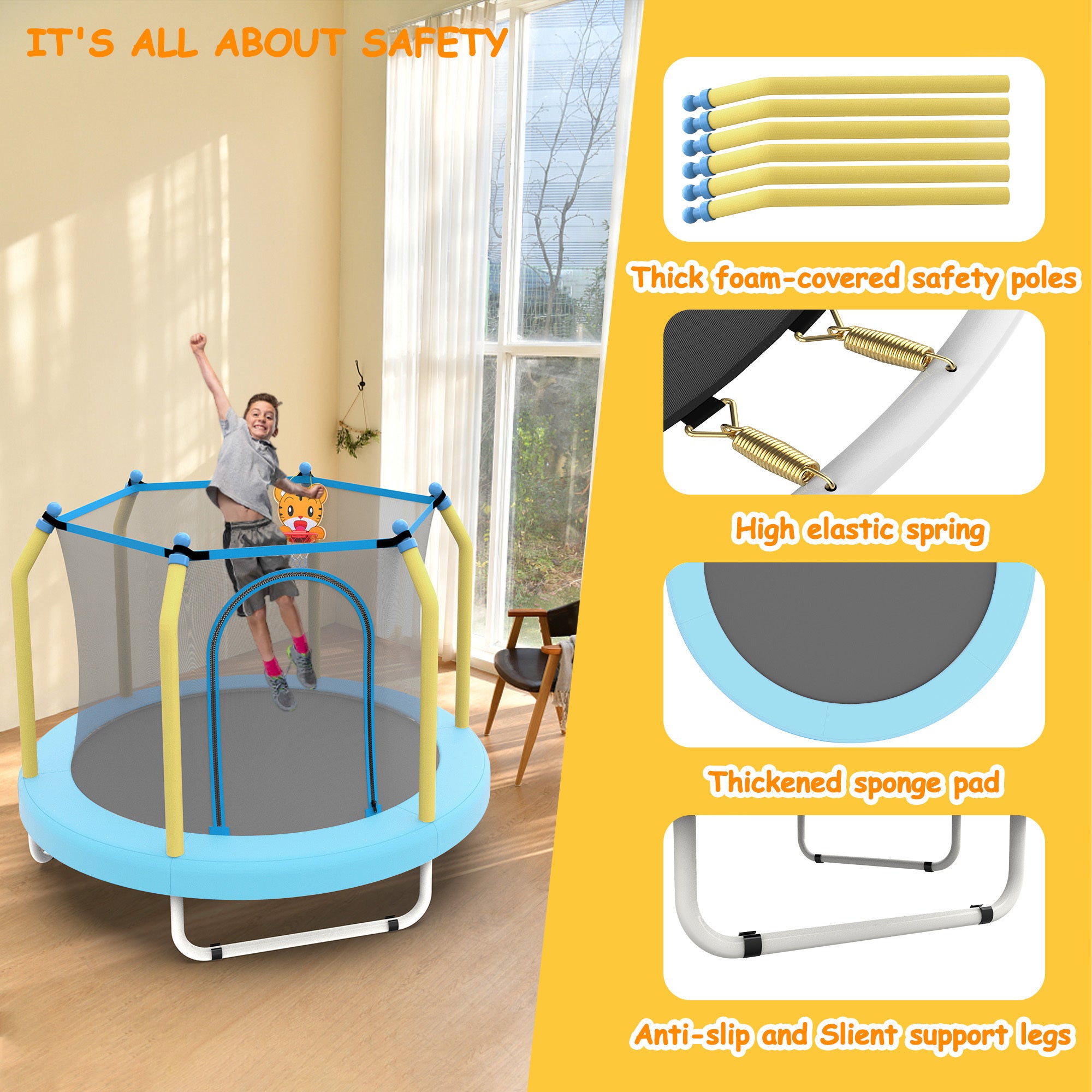 55-inch Trampoline for Kids Indoor & Outdoor Small Toddler Trampoline with Basketball Hoop