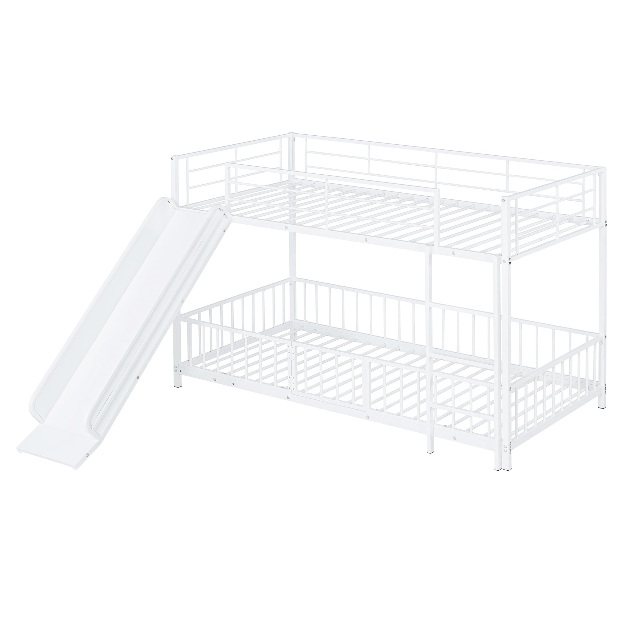 Twin over Twin Size Metal Bunk Bed with Slide and Guardrails, White