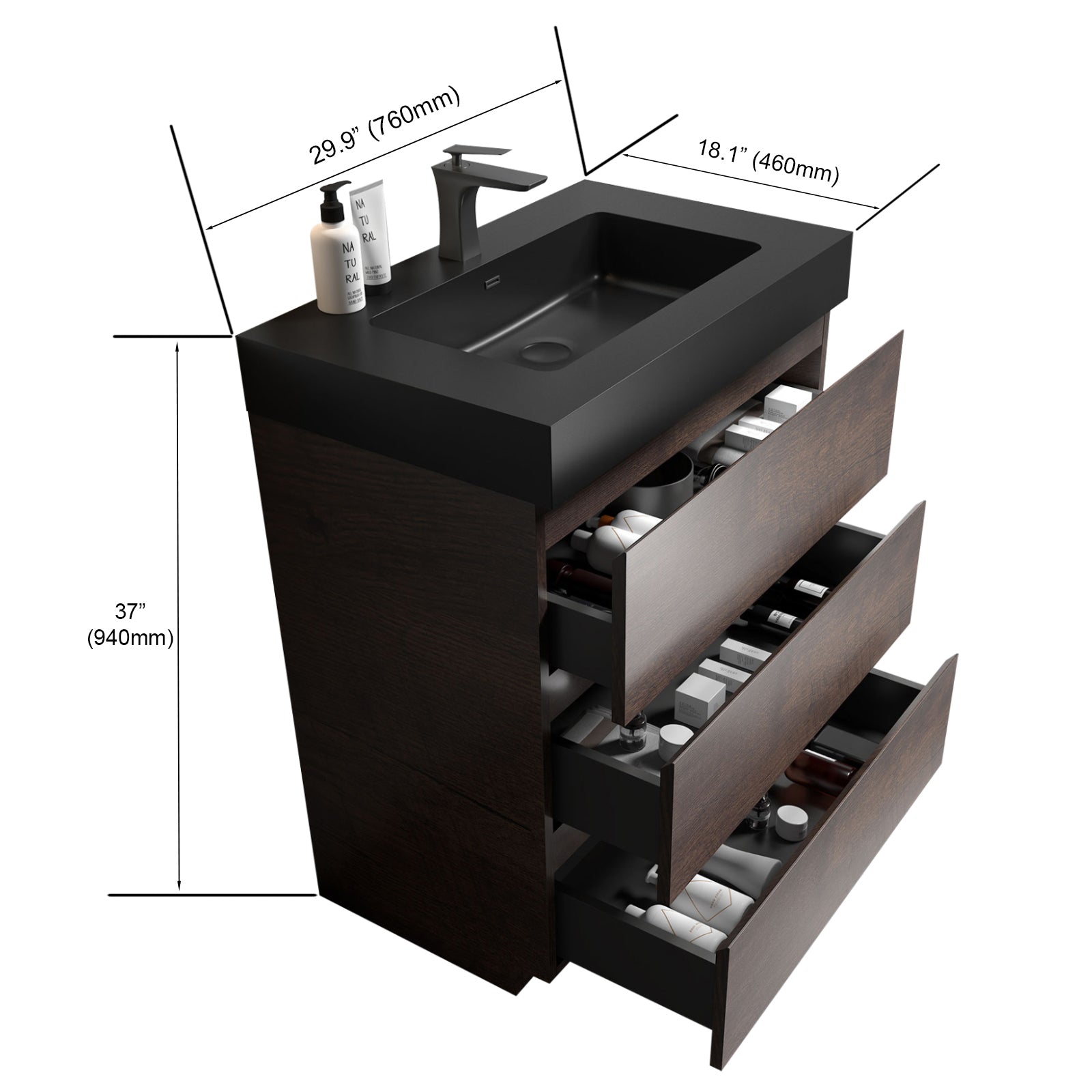 Alice 30" Walnut Bathroom Vanity with Sink, Large Storage Freestanding Bathroom Vanity for Modern Bathroom, One-Piece Black Sink Basin without Drain and Faucet, Pre-assembled