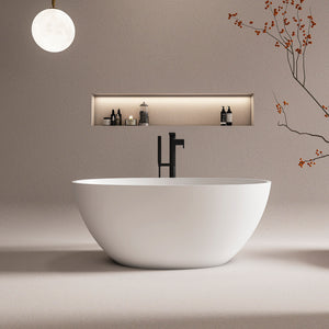 55-inch freestanding solid surface soaking bathtub in white, front view