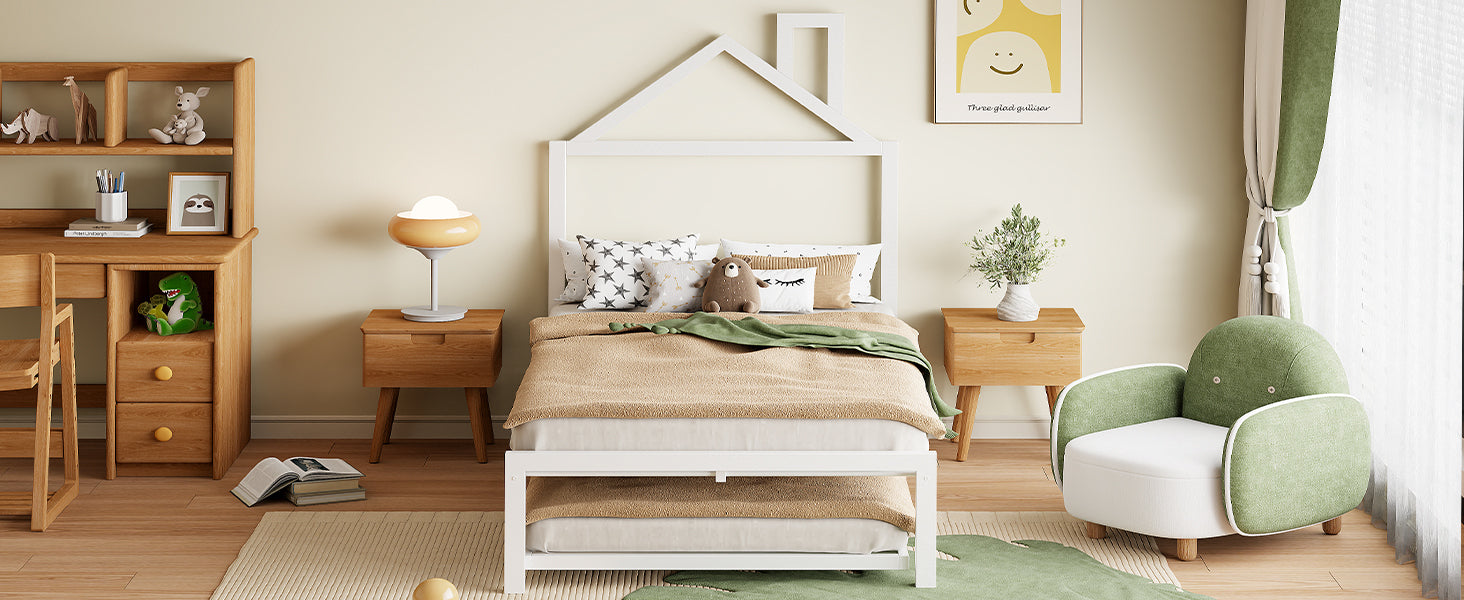 Twin Size Metal Platform Bed with twin size trundle,House-Shaped Headboard Design, White