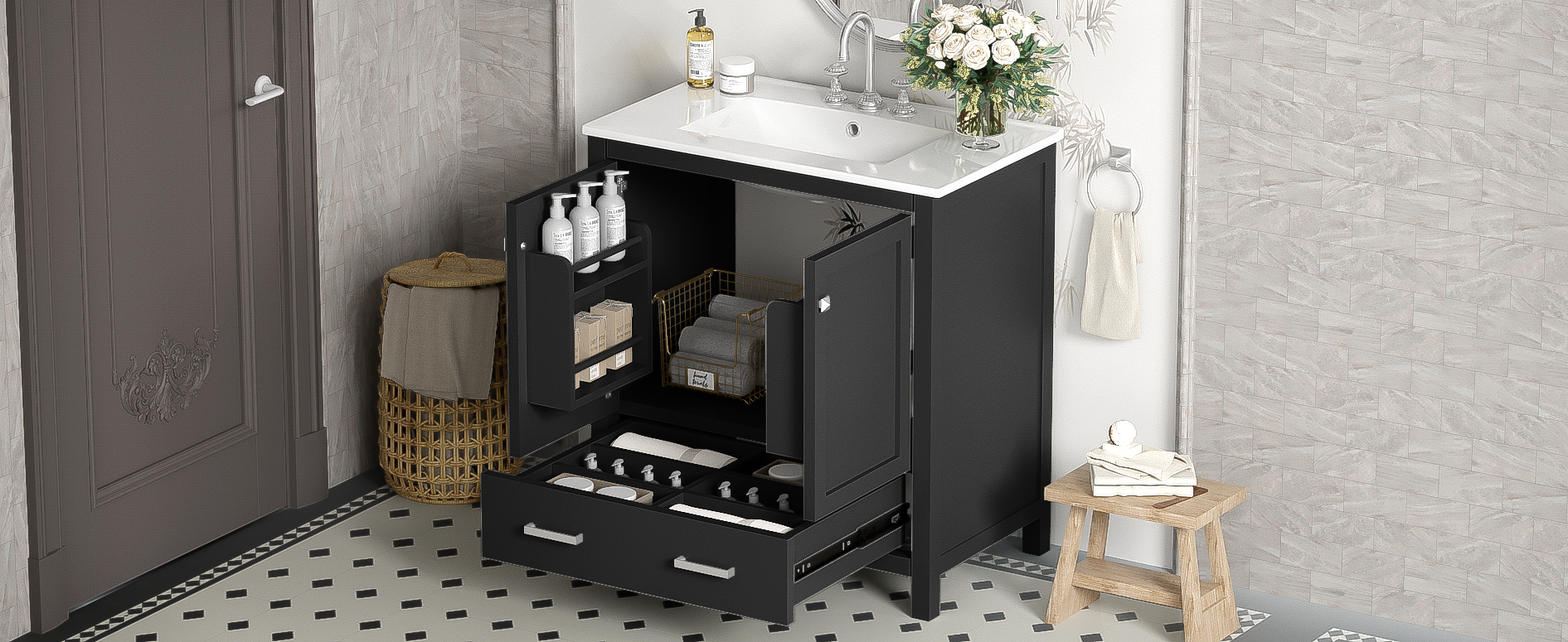 30" Black Bathroom Vanity with Single Sink, Combo Cabinet Undermount Sink, Bathroom Storage Cabinet with 2 Doors and a Drawer, Soft Closing, Multifunctional Storage, Solid Wood Frame