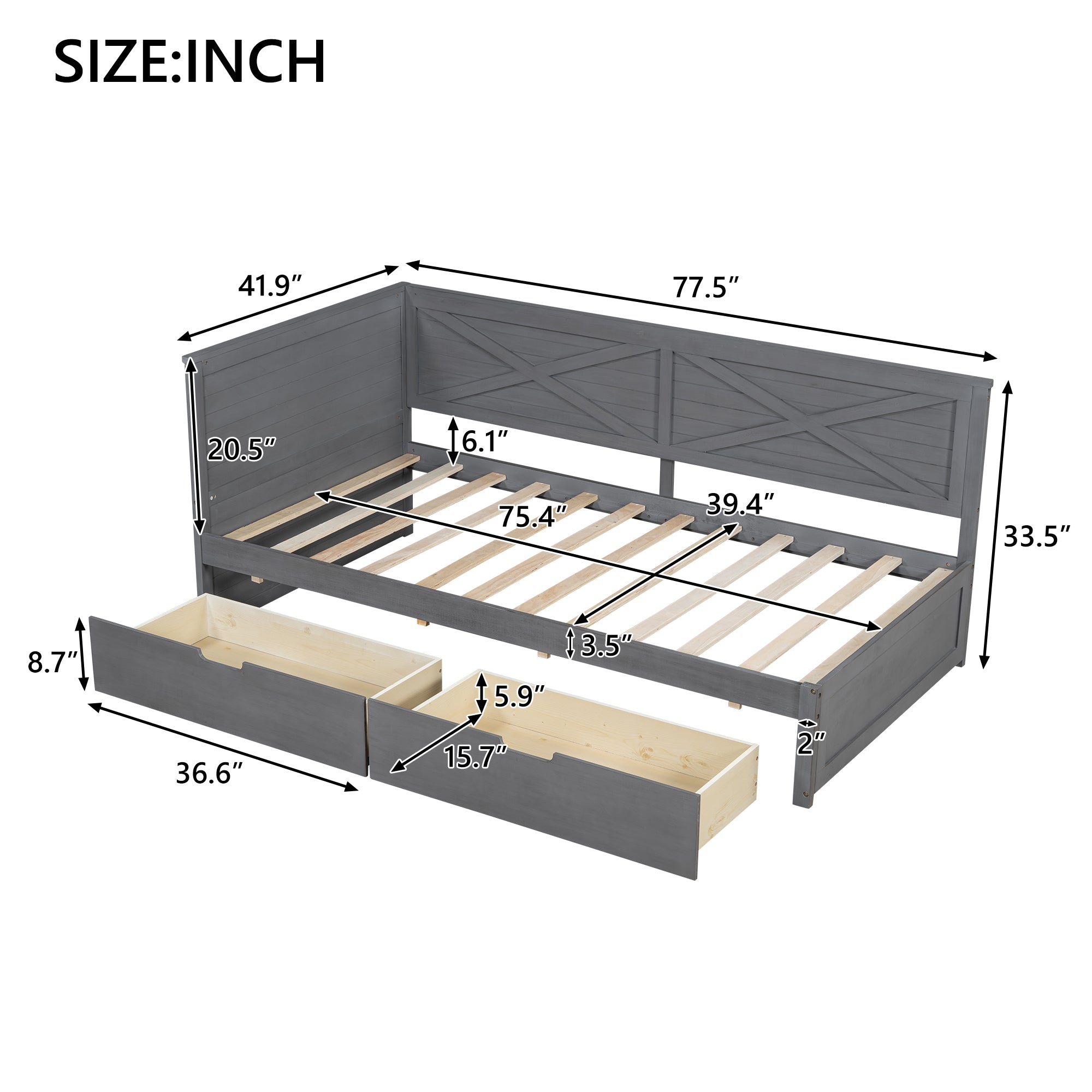 Twin Size Wood Daybed with 2 Drawers and Rustic Guardrail, Ancient Grey