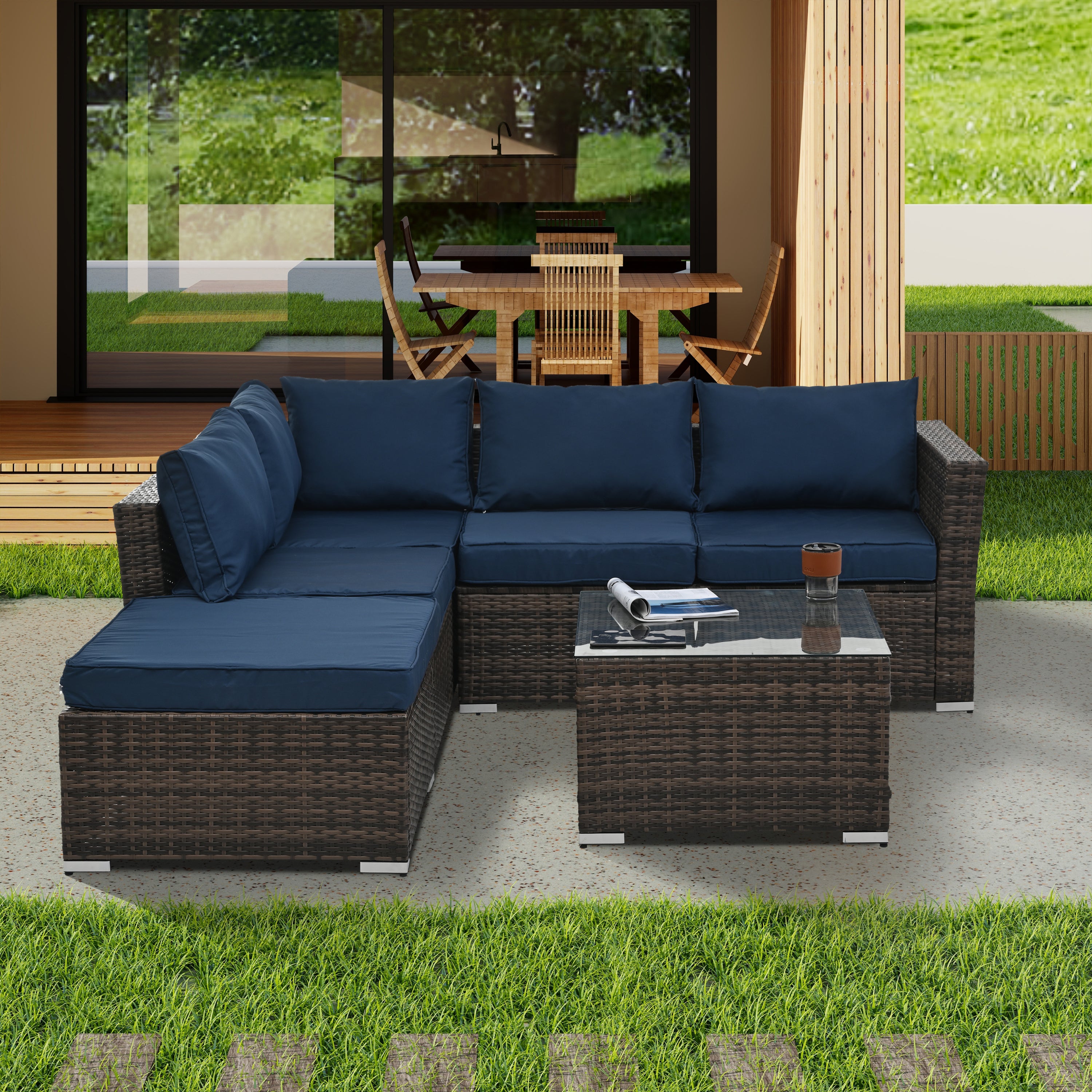 Patio Furniture, Outdoor Furniture, Seasonal PE Wicker Furniture, 4 Set Wicker Furniture With Tempered Glass Coffee Table,