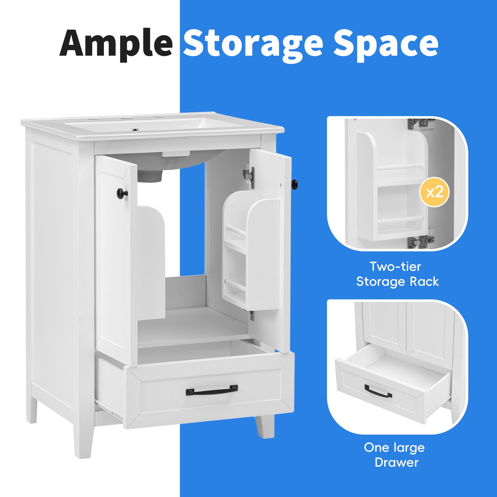 24" Bathroom Vanity with Sink, Bathroom Vanity Cabinet with One Drawer and Doors, Solid Wood and MDF, White