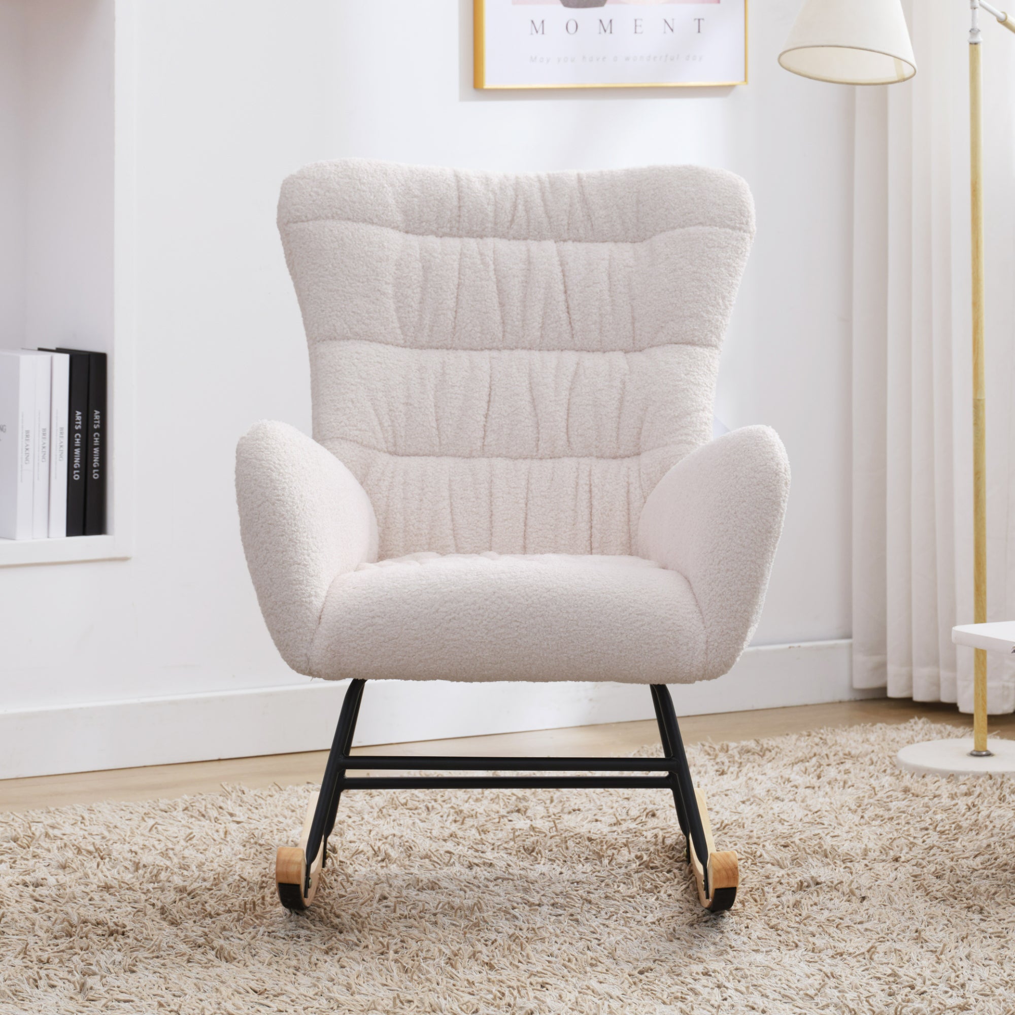 Nursery Rocking Chair, Teddy Upholstered Glider Rocker, Rocking Accent Chair with High Backrest, Comfy Rocking Accent Armchair for Living Room, Bedroom, Offices, WHITE