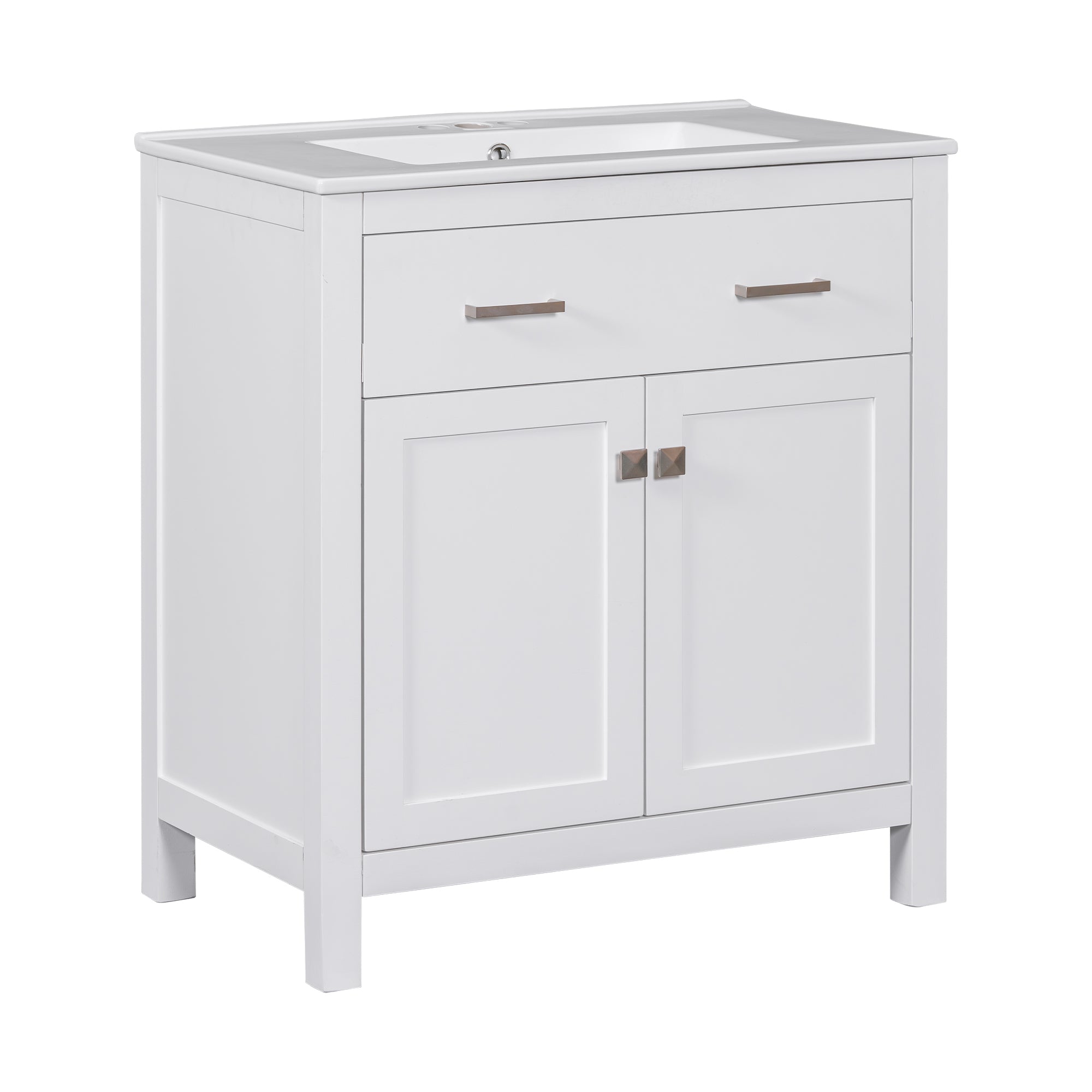 30-inch Bathroom Vanity with Ceramic Sink, Modern White Single Bathroom Cabinet with 2 Doors and a Shelf, Soft Close Doors