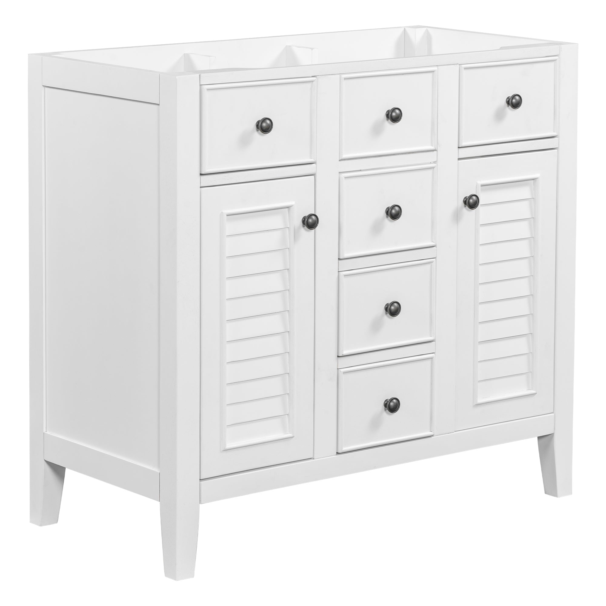 36" Bathroom Vanity without Sink, Cabinet Base Only, Two Cabinets and Five Drawers, Solid Wood Frame, White