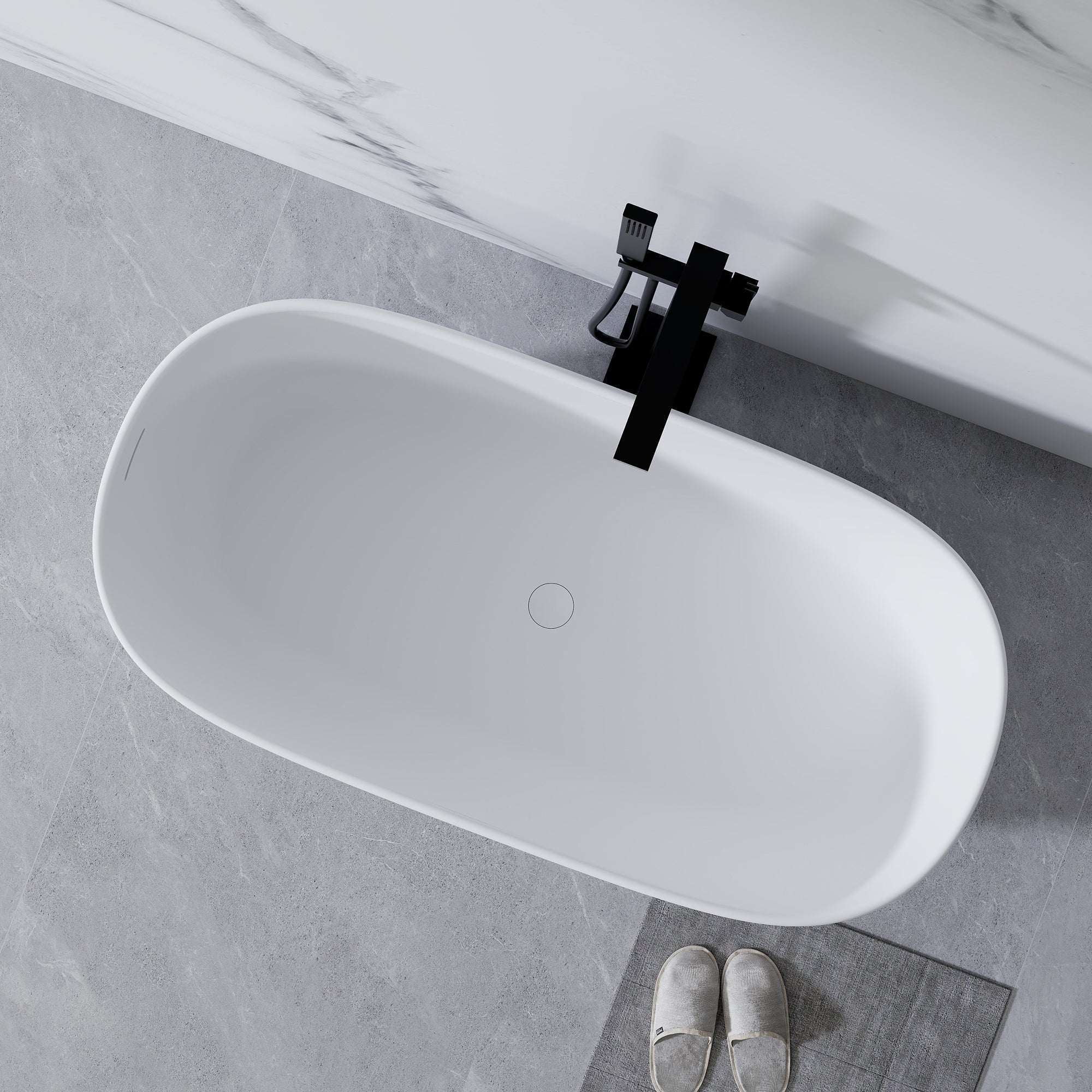 51'' Freestanding Bathtub Resin Stone Soaking Bathtub Solid Surface Modern Tubs with Overflow and Pop-up Drain in White