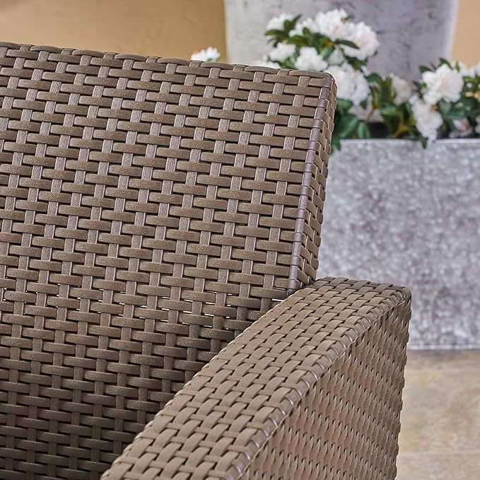 Outdoor Brown Faux Wicker Club Chairs with Mixed Beige Water Resistant Cushions