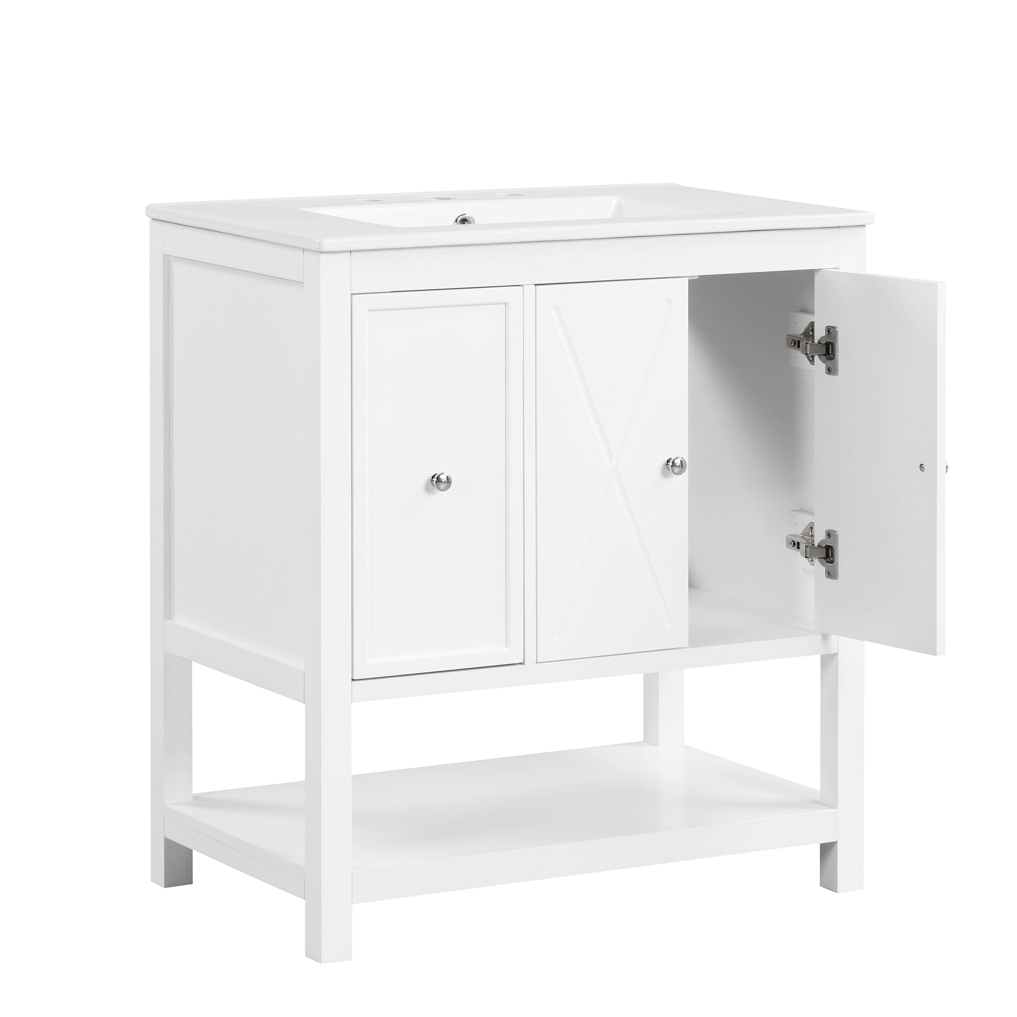 30" Bathroom Vanity with Sink Top, Bathroom Vanity Cabinet with Two Doors and One Drawer, MDF Boards, Solid Wood, One Package, White