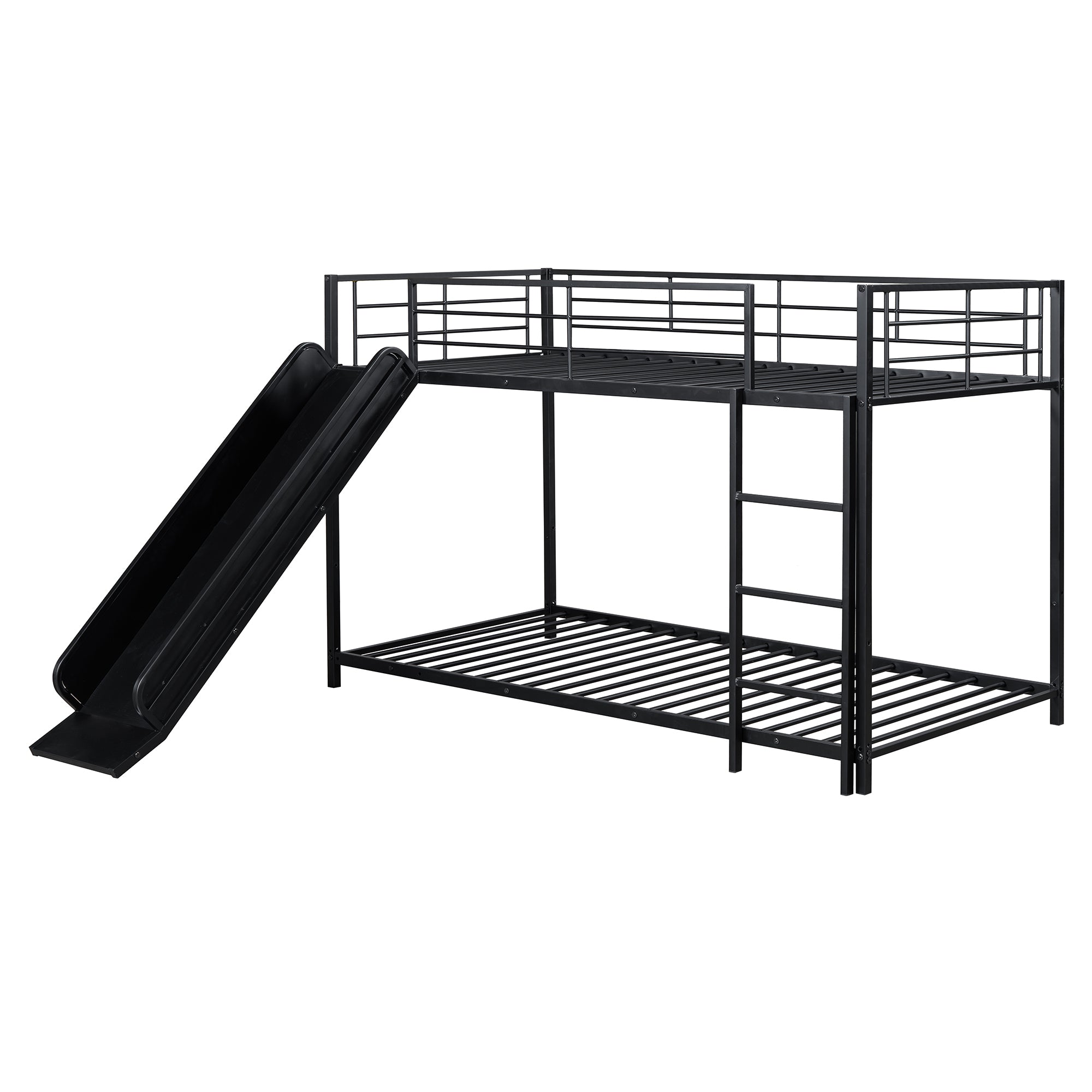 Twin over Twin Size Metal Bunk Bed with Slide and Guardrails, Black