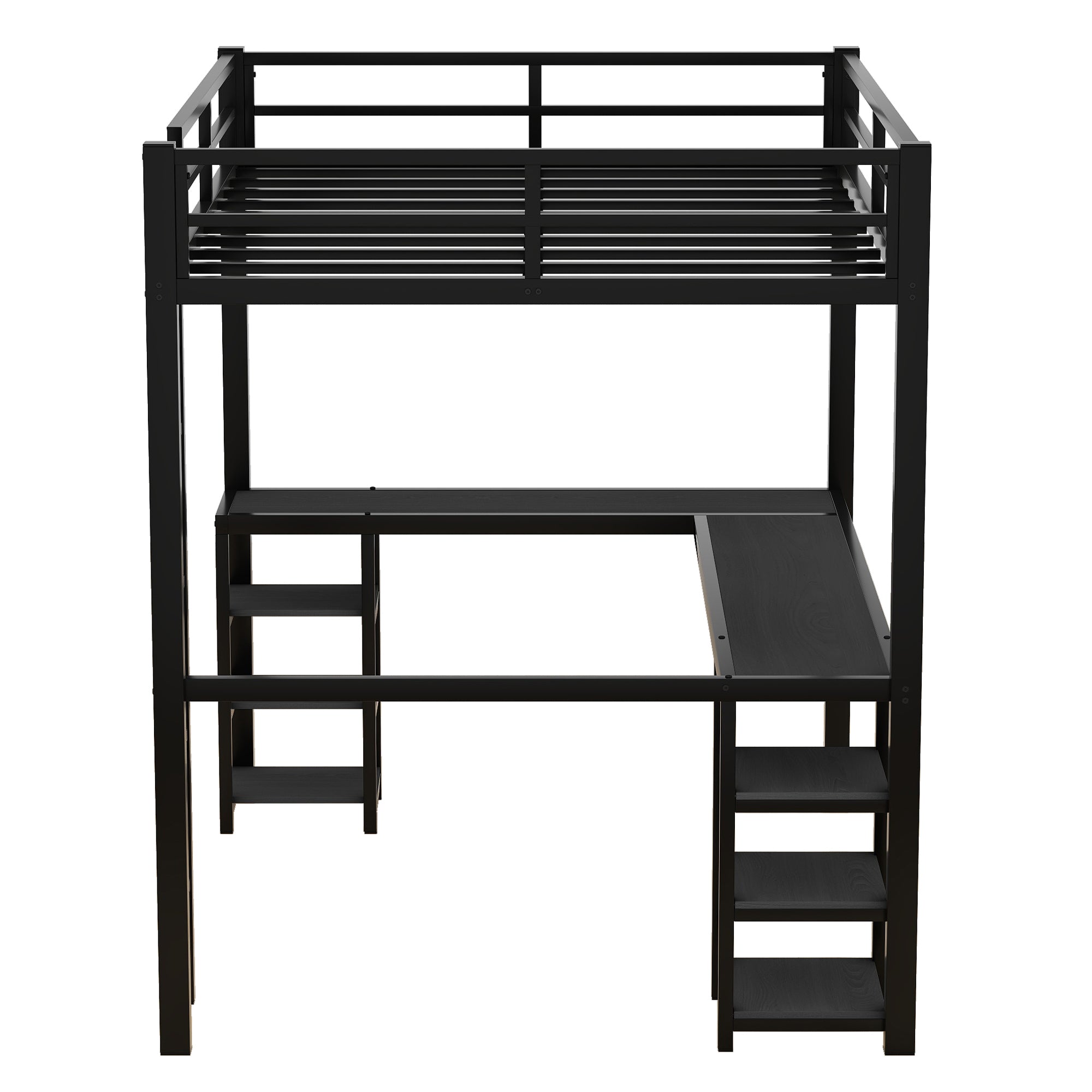 Full Metal Loft Bed with Desk and Shelves, Loft Bed with Ladder and Guardrails, Loft Bed Frame for Bedroom, Black with Black Desk