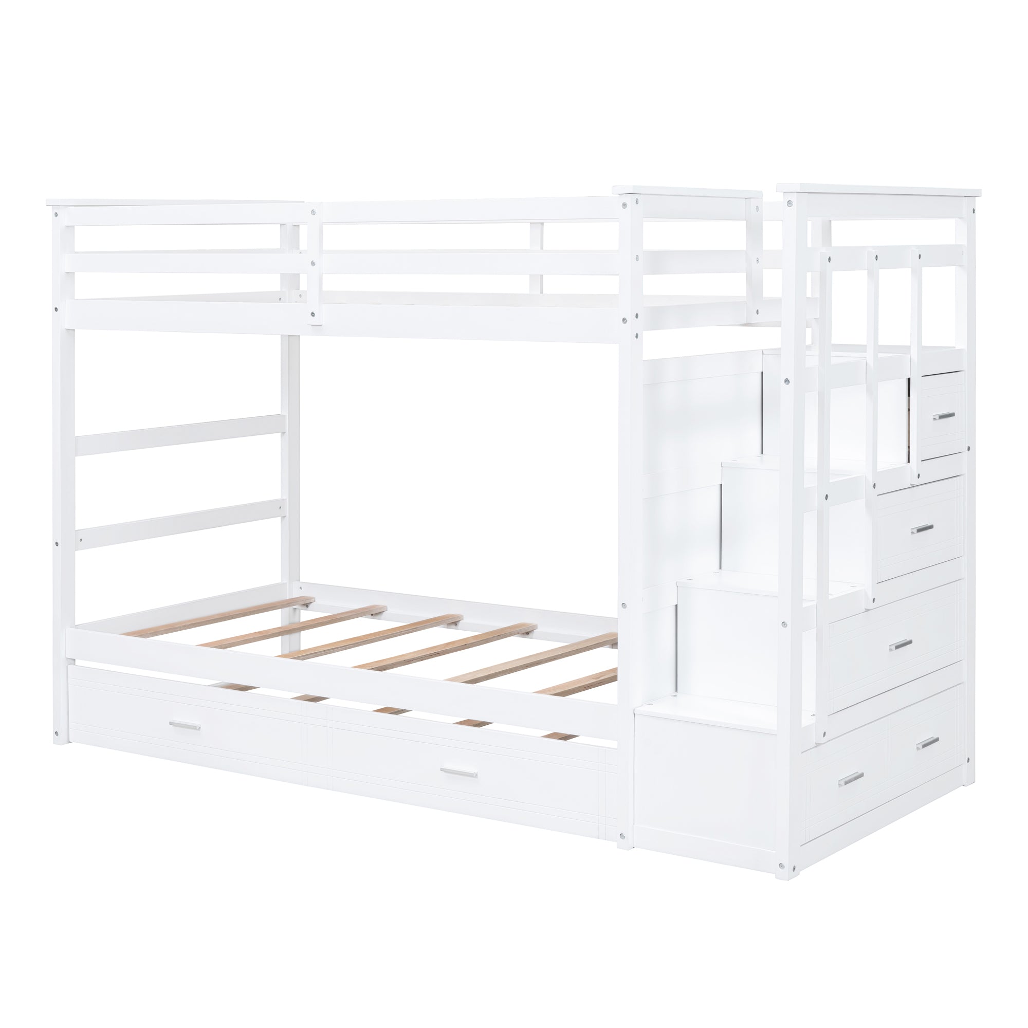 Twin Over Twin Bunk Bed with Trundle and Staircase,White(OLD SKU:LT000068AAK)