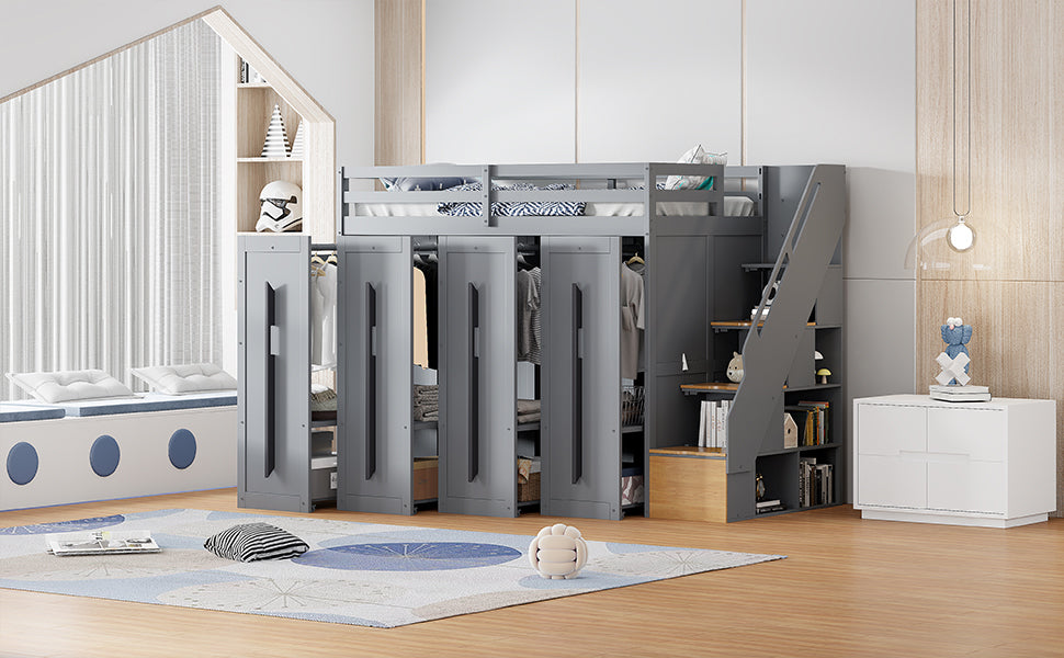 Modern Loft Bed with Two-Tone Storage Stairs and Pull-Out Wardrobes, Gray