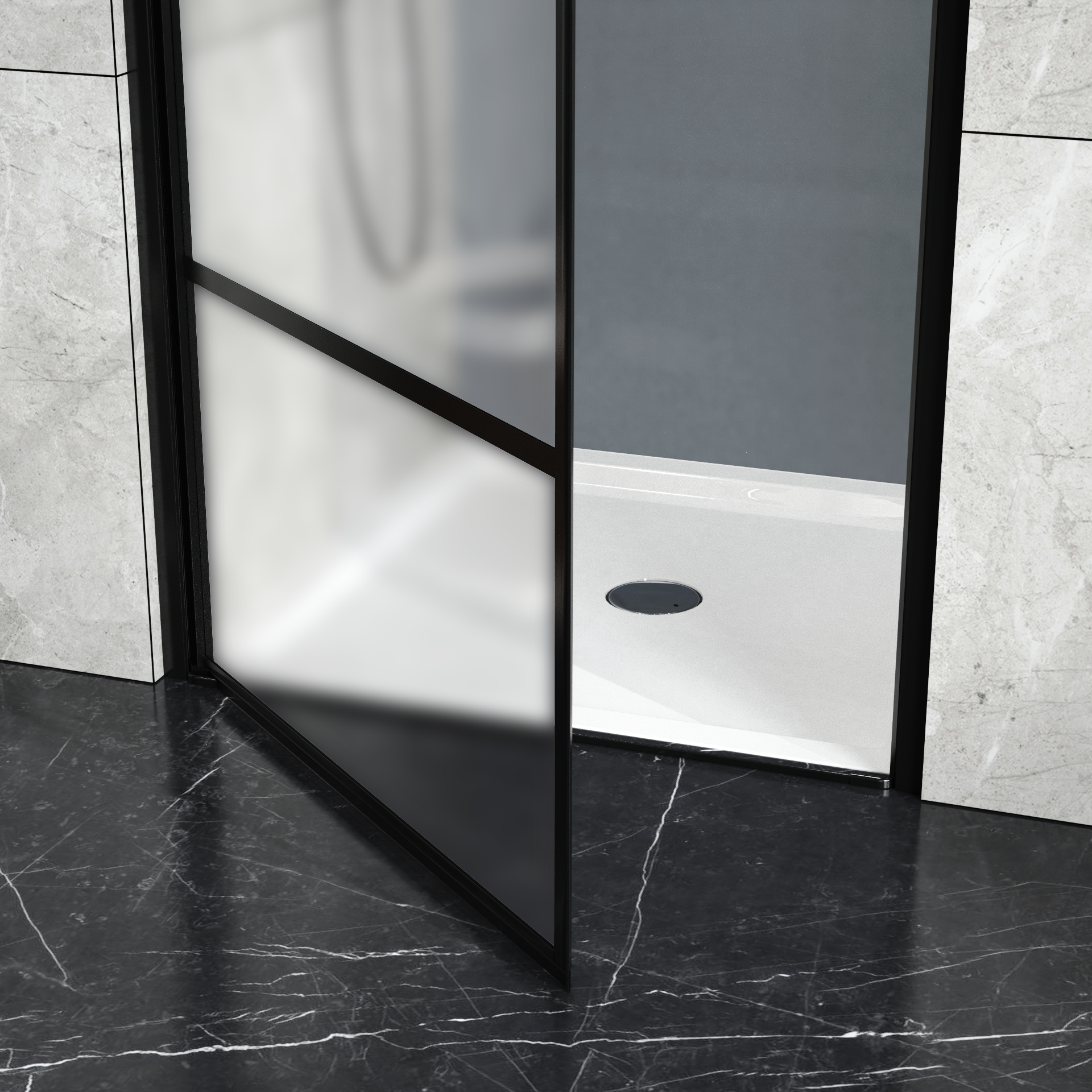 Goodyo Framed Hinged Shower Door, 34"W X 72"H Swing Tempered Glass Door, Black, Frosted