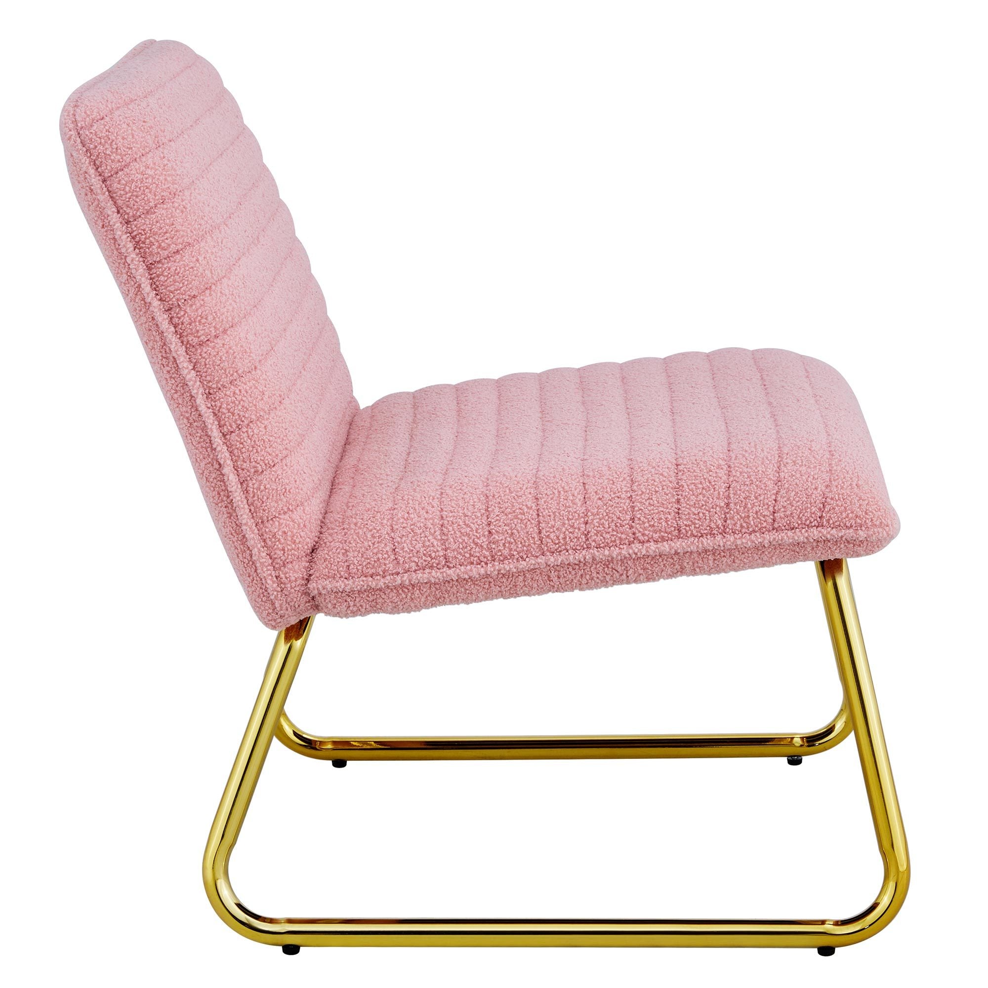 Modern minimalist pink plush fabric single person sofa chair with golden metal legs. Suitable for living room, bedroom, club, comfortable cushioned single person leisure sofa