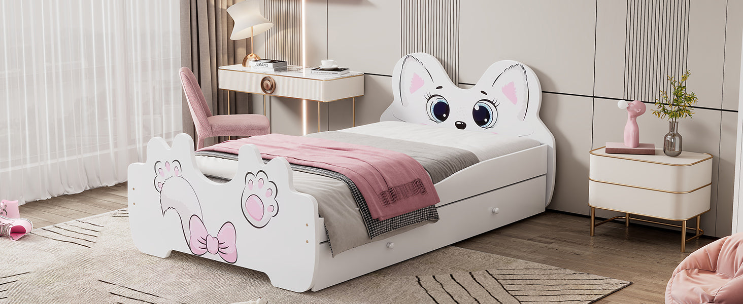 Cartoon Twin Size Platform Bed with Trundle, White