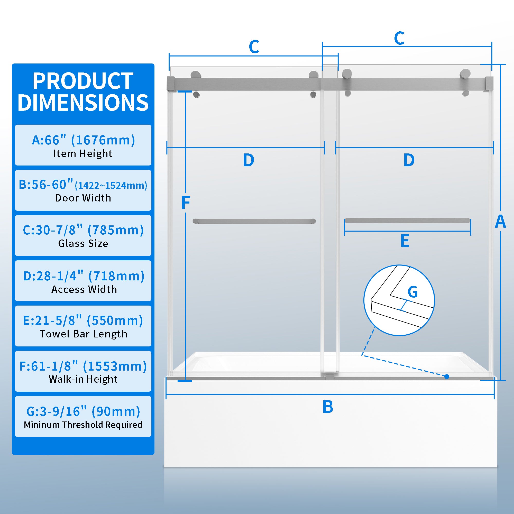 56" - 60" W × 66" H Double Sliding Framless Soft-Close Tub Door With 3/8 inches (10mm) Tempered Safety Glass, Brushed Nickel Finish