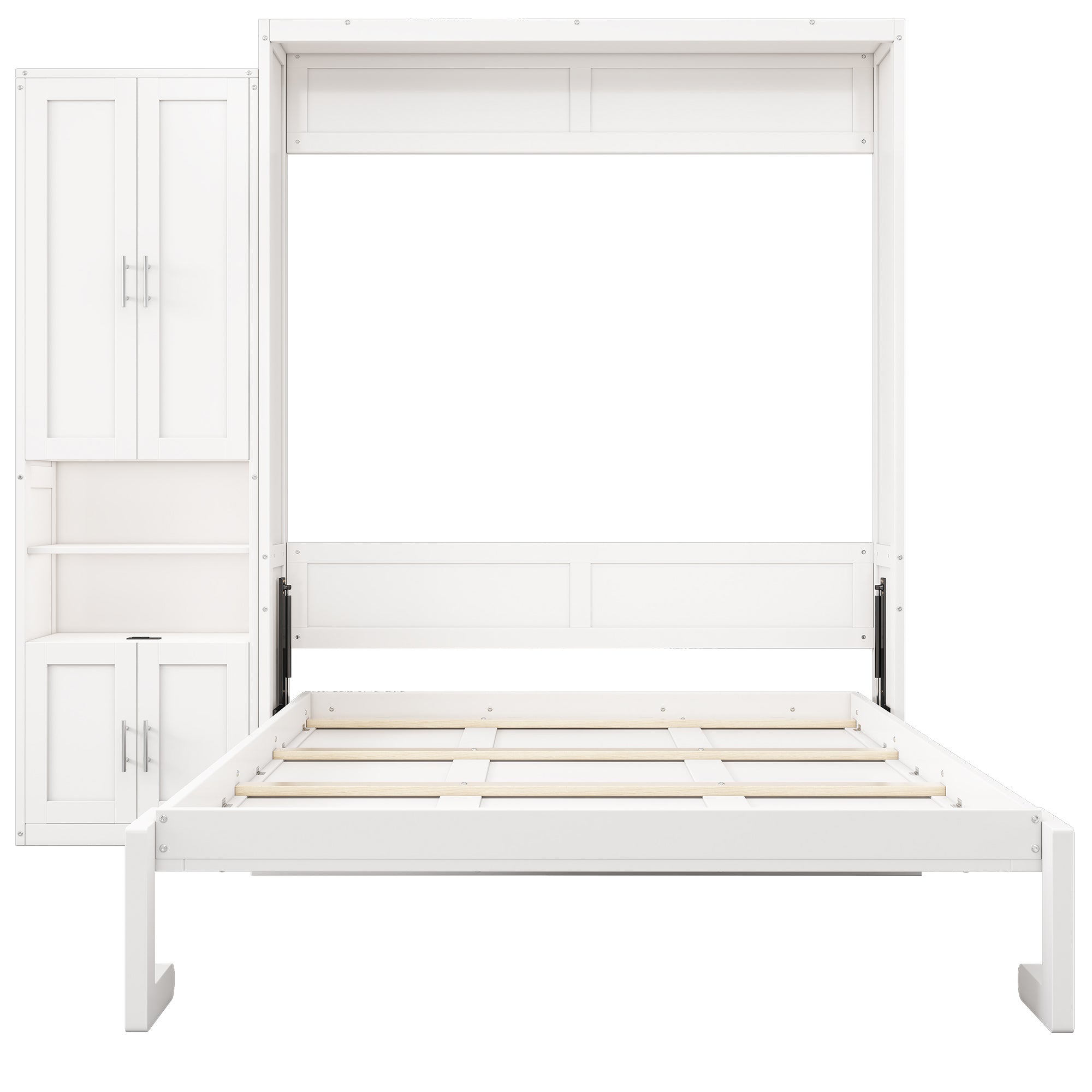 Queen Size Murphy Bed with 1 Side Cabinet Storage Shelf, 68-inch Cabinet Bed Folding Wall Bed with Desk Combo Perfect for Guest Room, Study, Office,White(old sku:BS300192AAC)