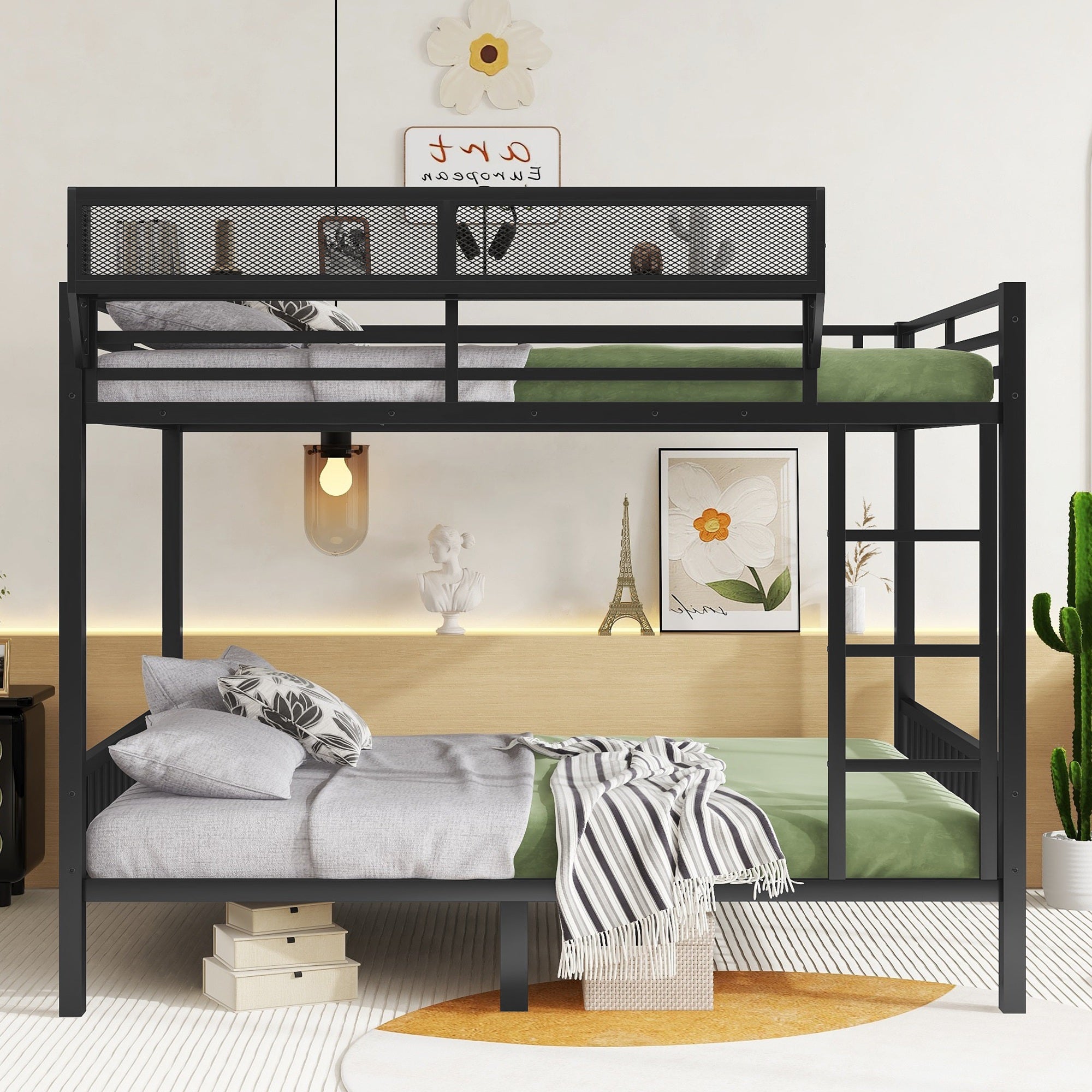 Queen over queen metal bunk bed frame and ladder view