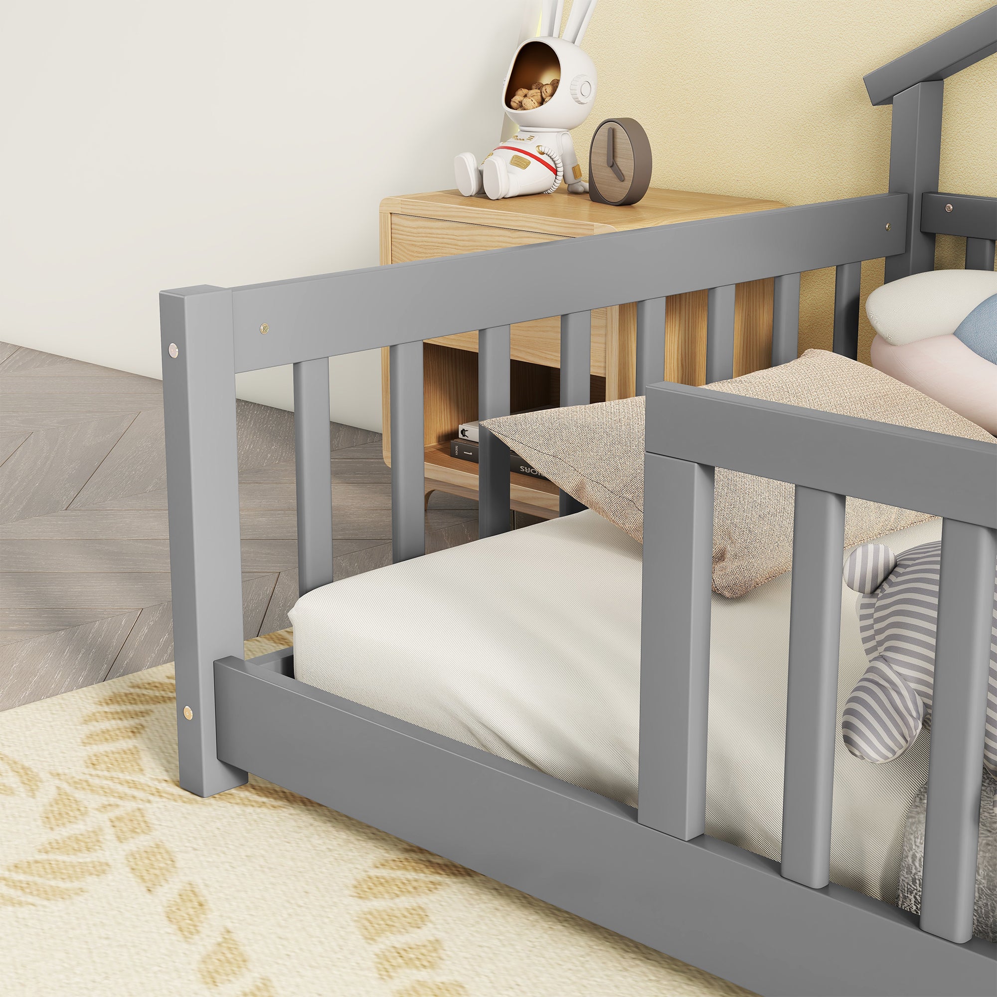 Twin House-Shaped Bedside Floor Bed with Guardrails, Slats, without Door ,Grey