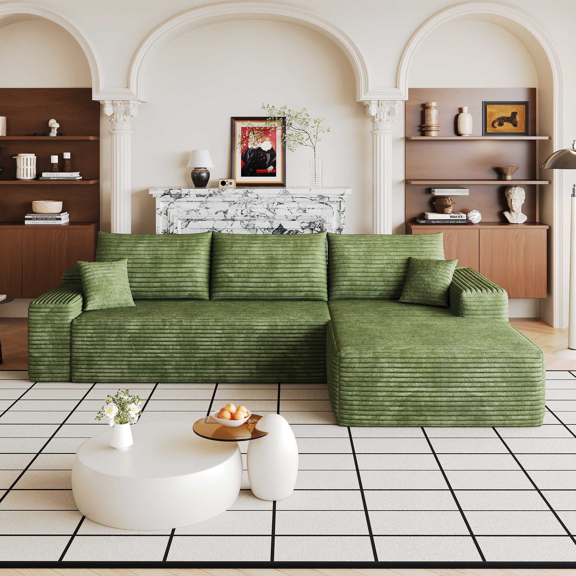 Green corduroy modular sectional sofa 107 inch L-shape chaise, front view