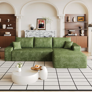 Green corduroy modular sectional sofa 107 inch L-shape chaise, front view