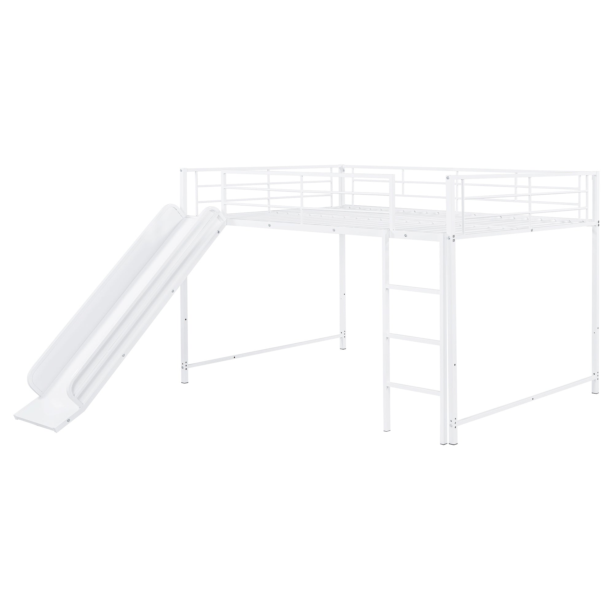 Full over Full Size Metal Bunk Bed with Slide and Guardrails, White