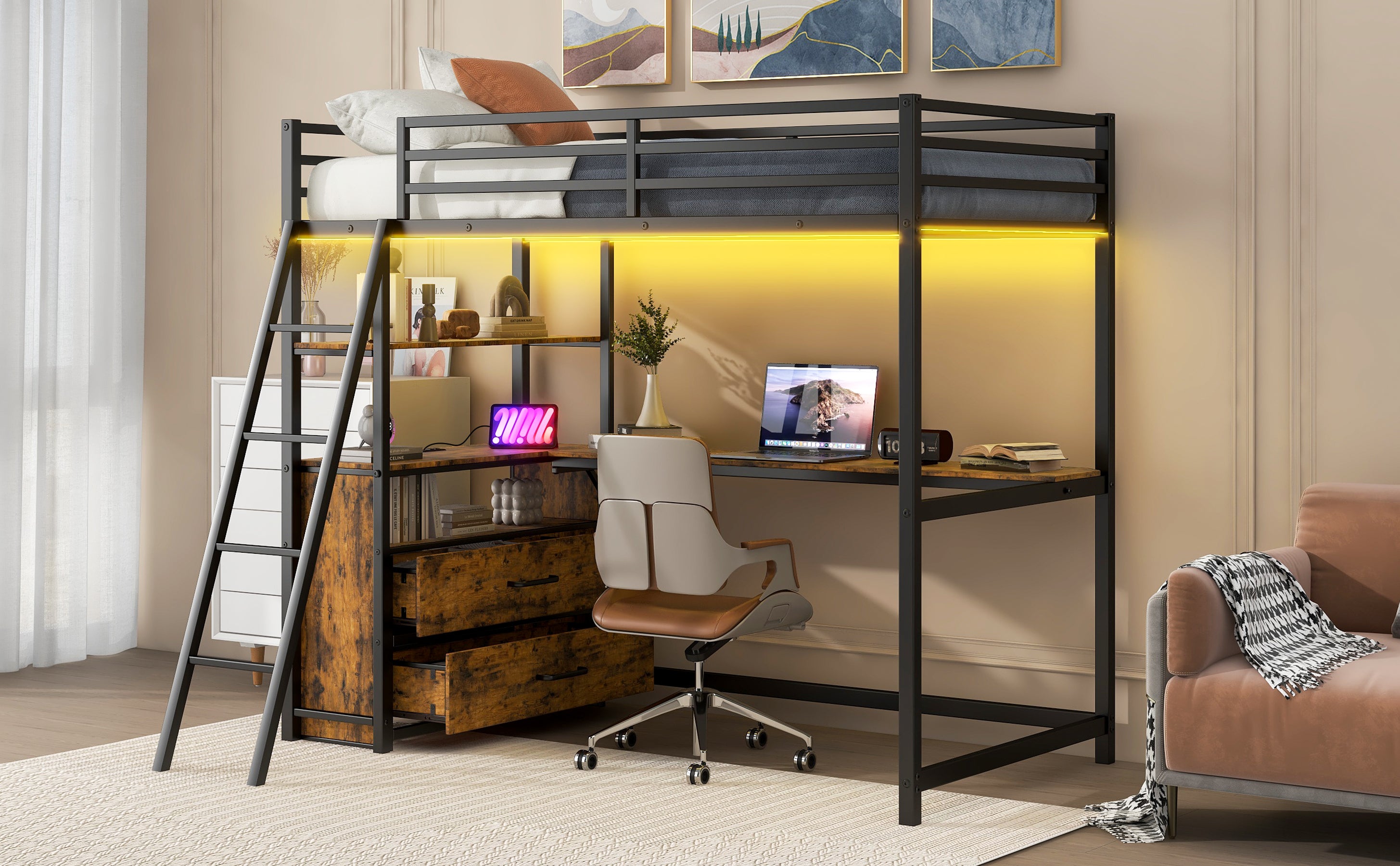 Twin Size Metal&Wood Loft Bed with Desk and Shelves, Two Built-in Drawers, LED Light and USB Charging Station, Black