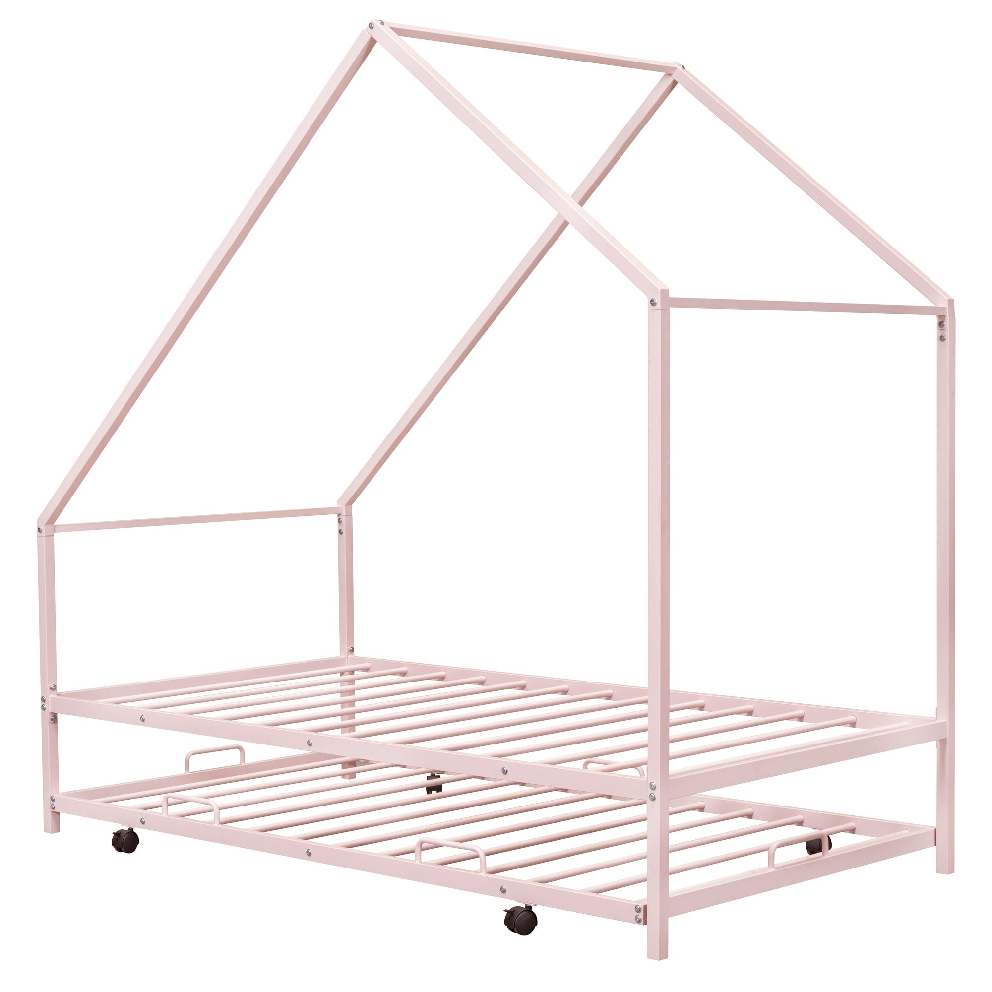 Metal House Bed With Trundle, Twin Size House Bed Pink