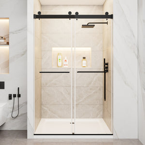 44-48 x 76 in Frameless Double Sliding Shower Door - Matte Black view 1