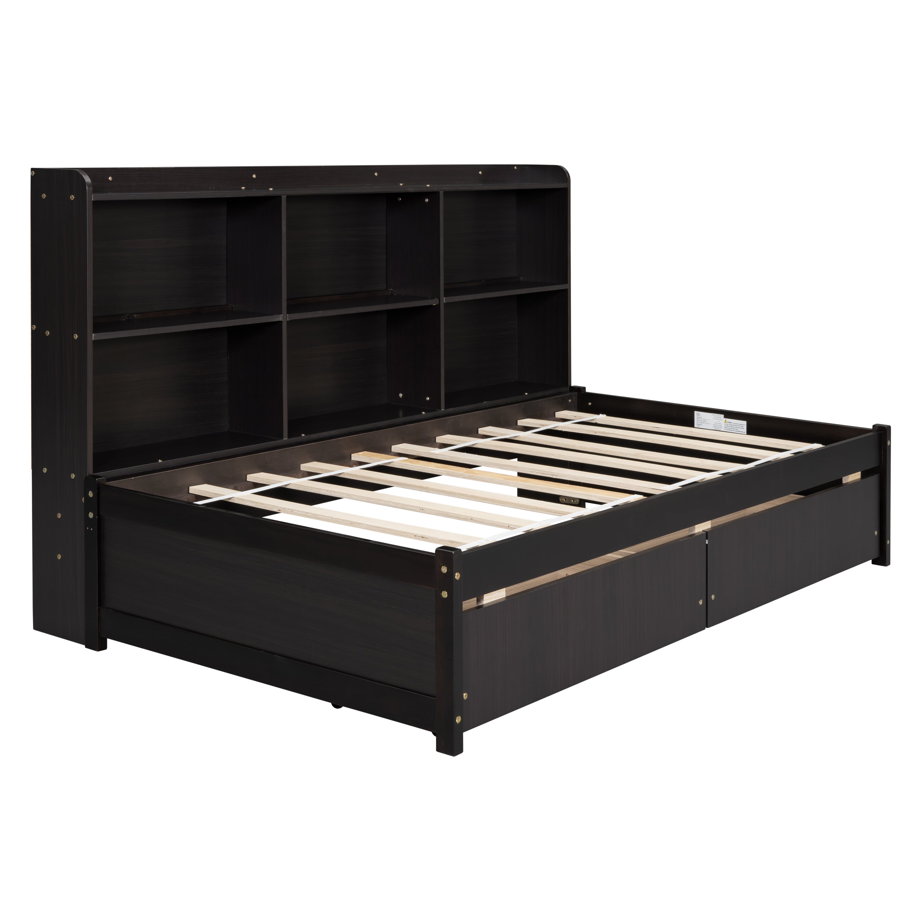 Twin Bed with Side Bookcase, Drawers ,Espresso