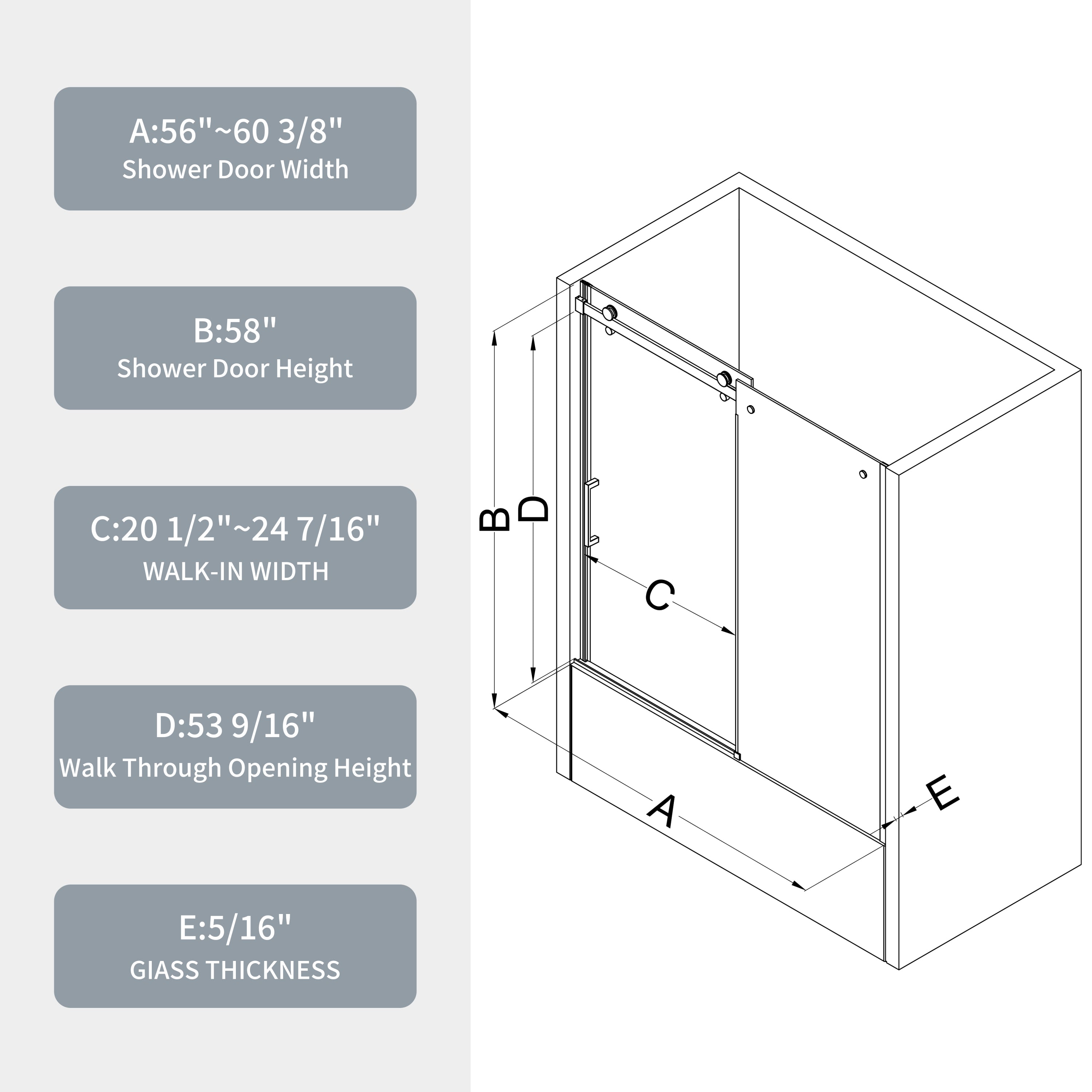 60"W x 58"H Bathtub shower door, sliding door, with 5/16" tempered glass and Matted black finish 6058