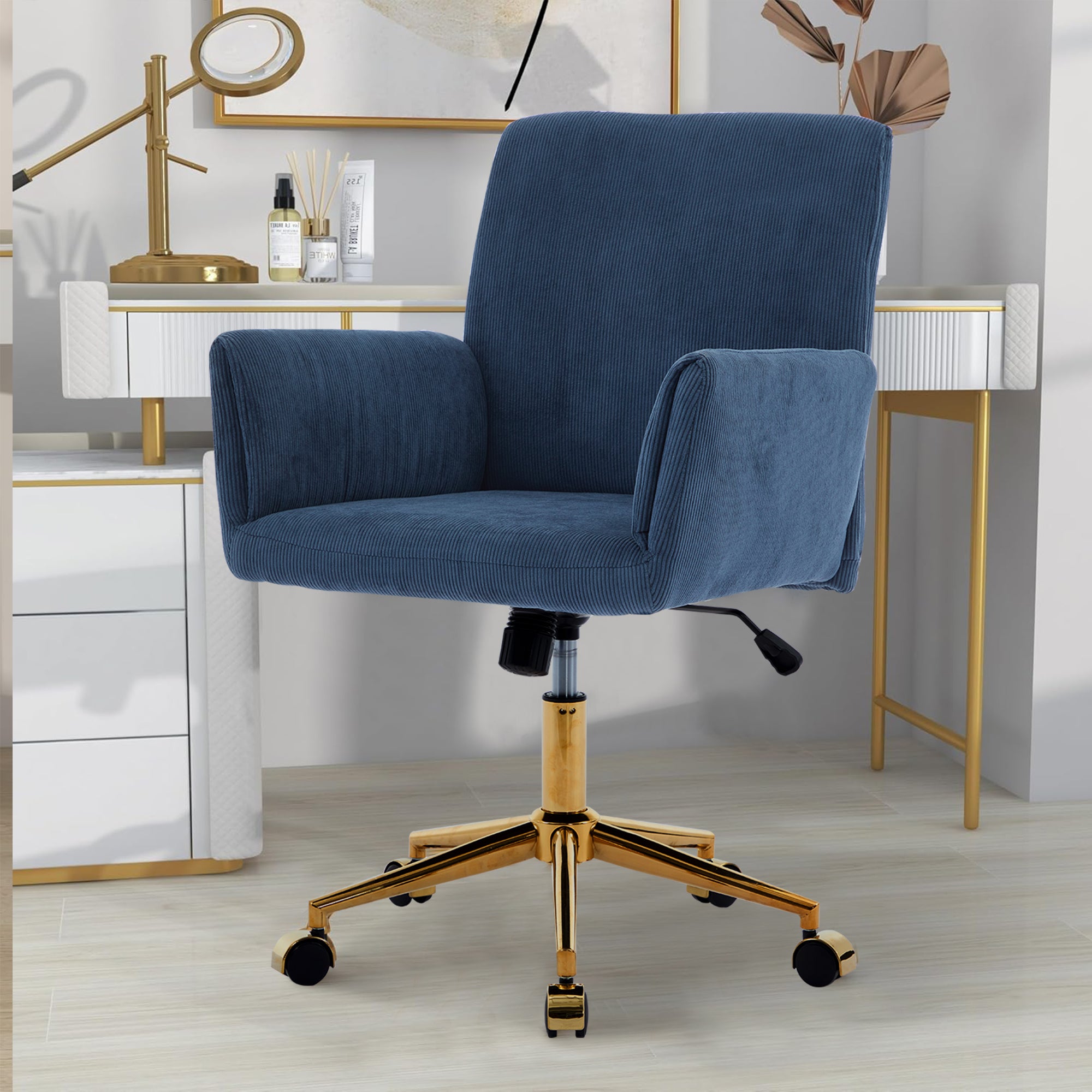 TS Corduroy home decor office desk and chair, modern height adjustable 360 ° armchair with gold base, ergonomic computer chair, leisure chair 1pc Blue