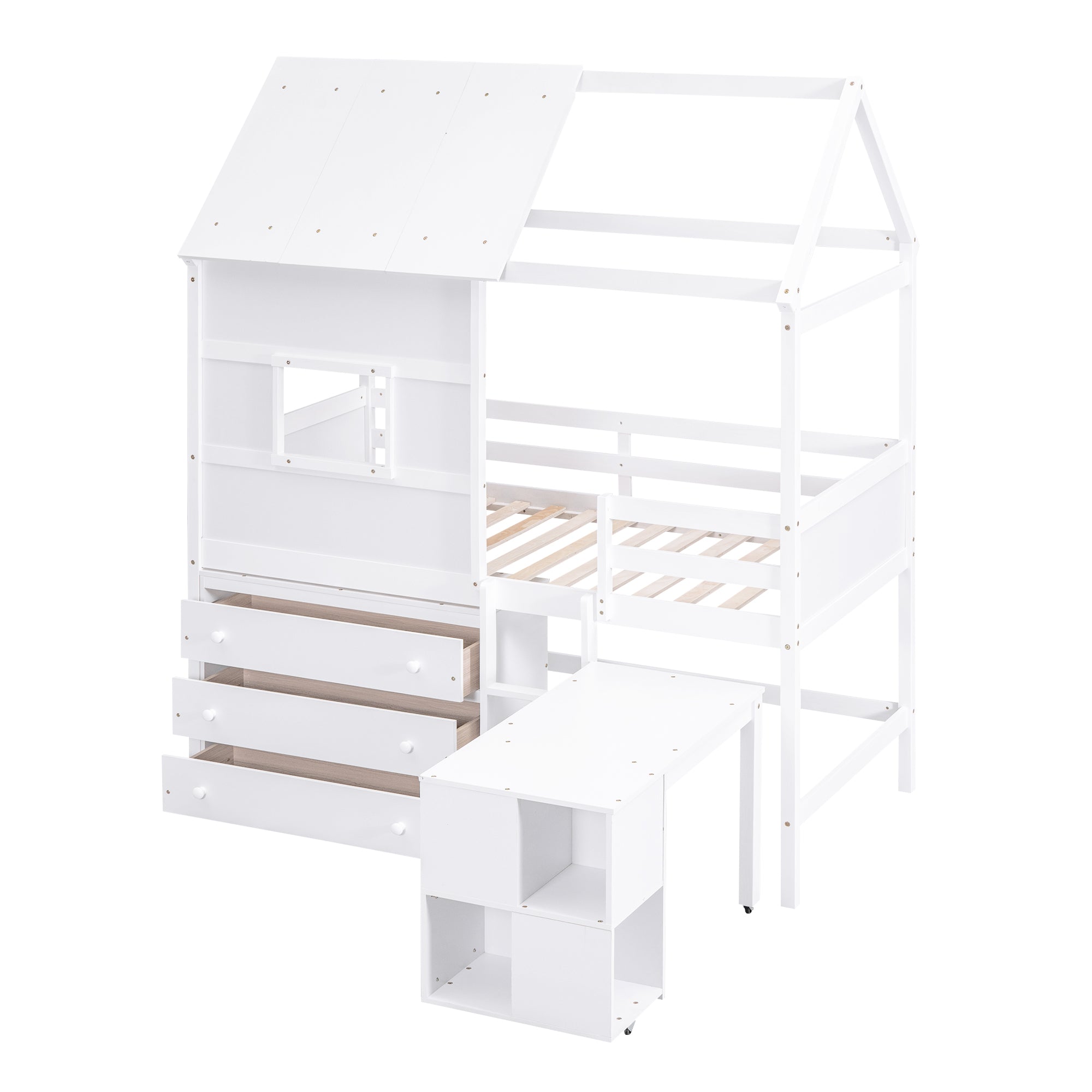 Twin Size House Loft Bed with Storage Desk and 3 Drawer Chest, White