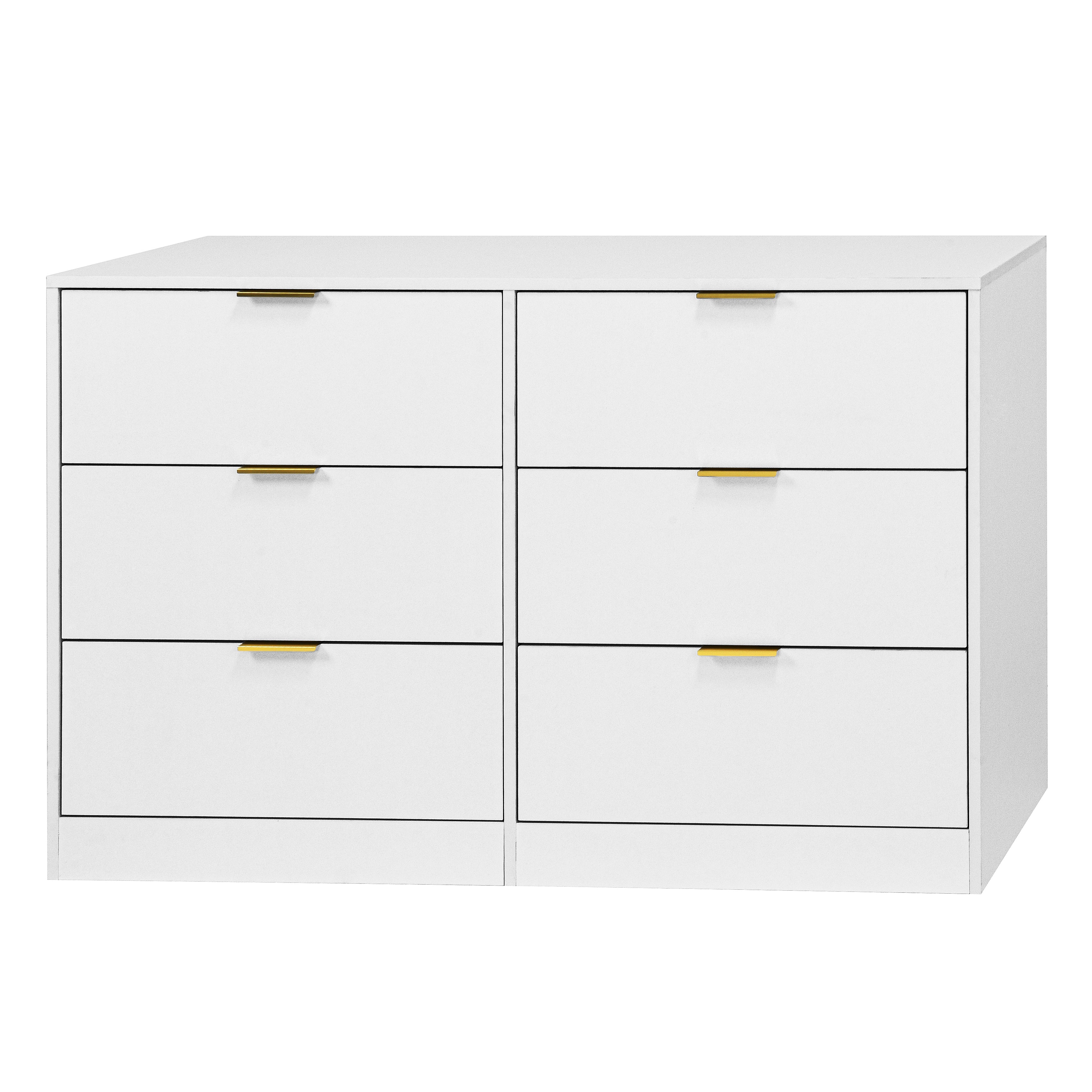 White modern 6-drawer dresser, angled view