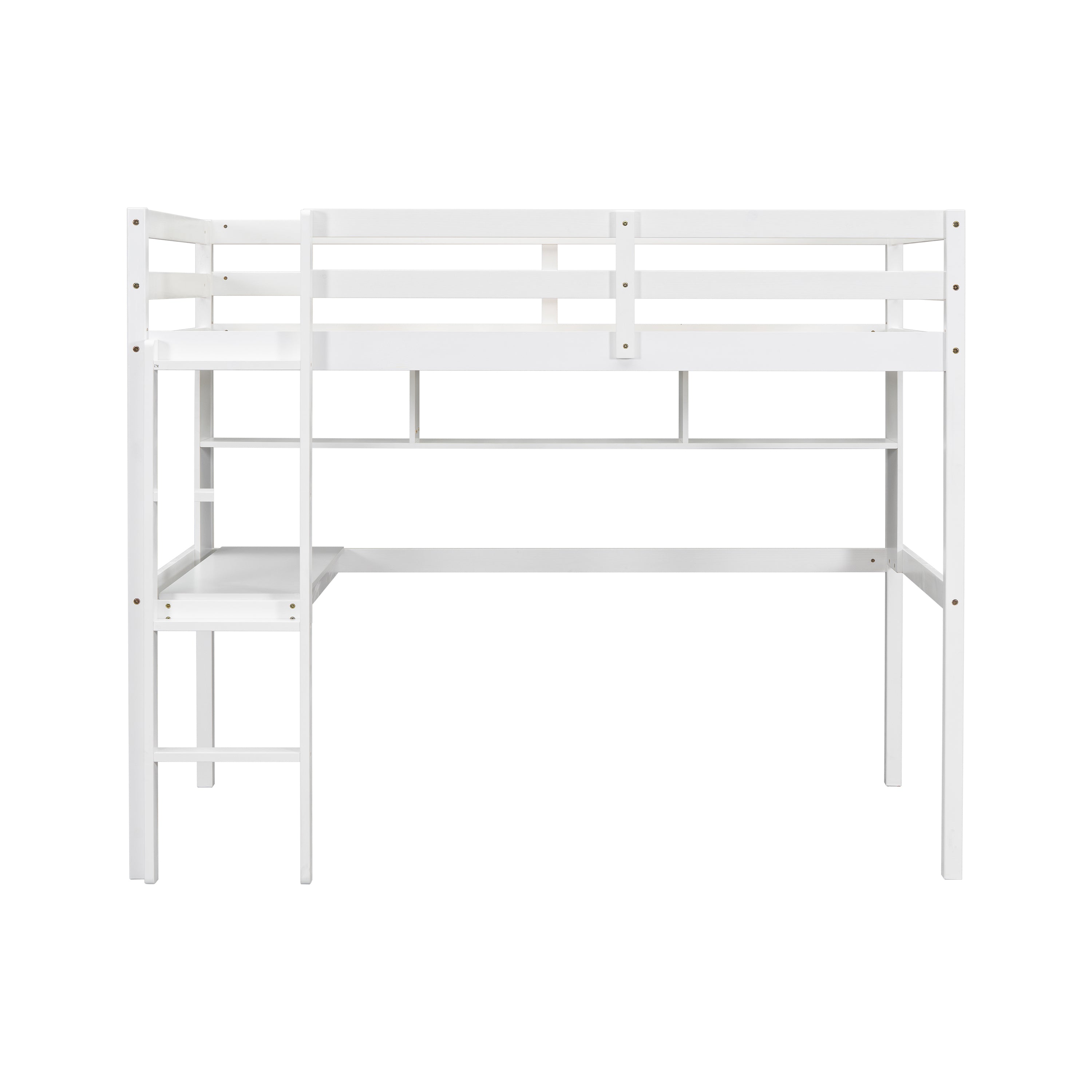 Twin Size Loft Bed with desk and shelves, Safety Guardrail and ladder,White