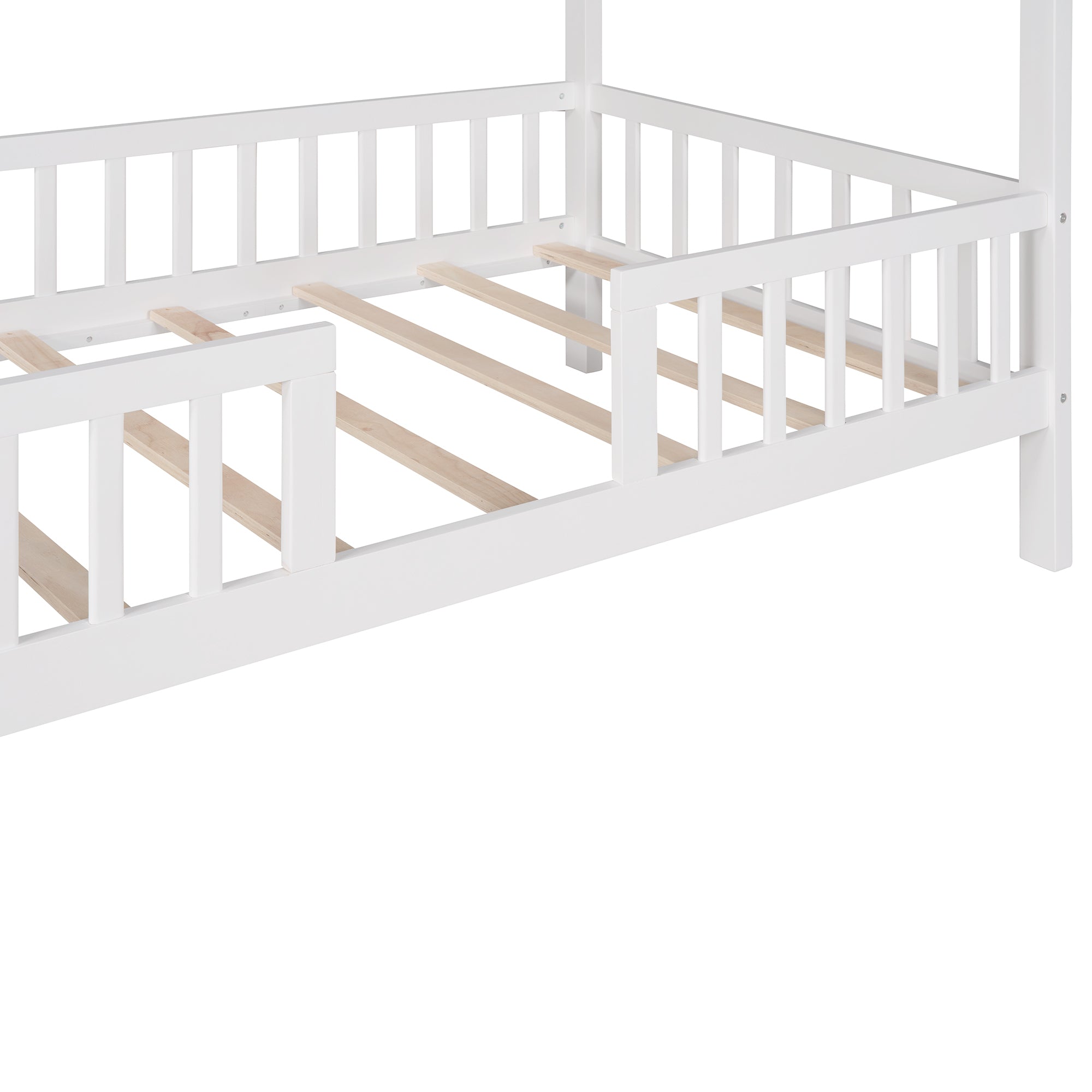 Twin Size Wood House Bed with Fence, White