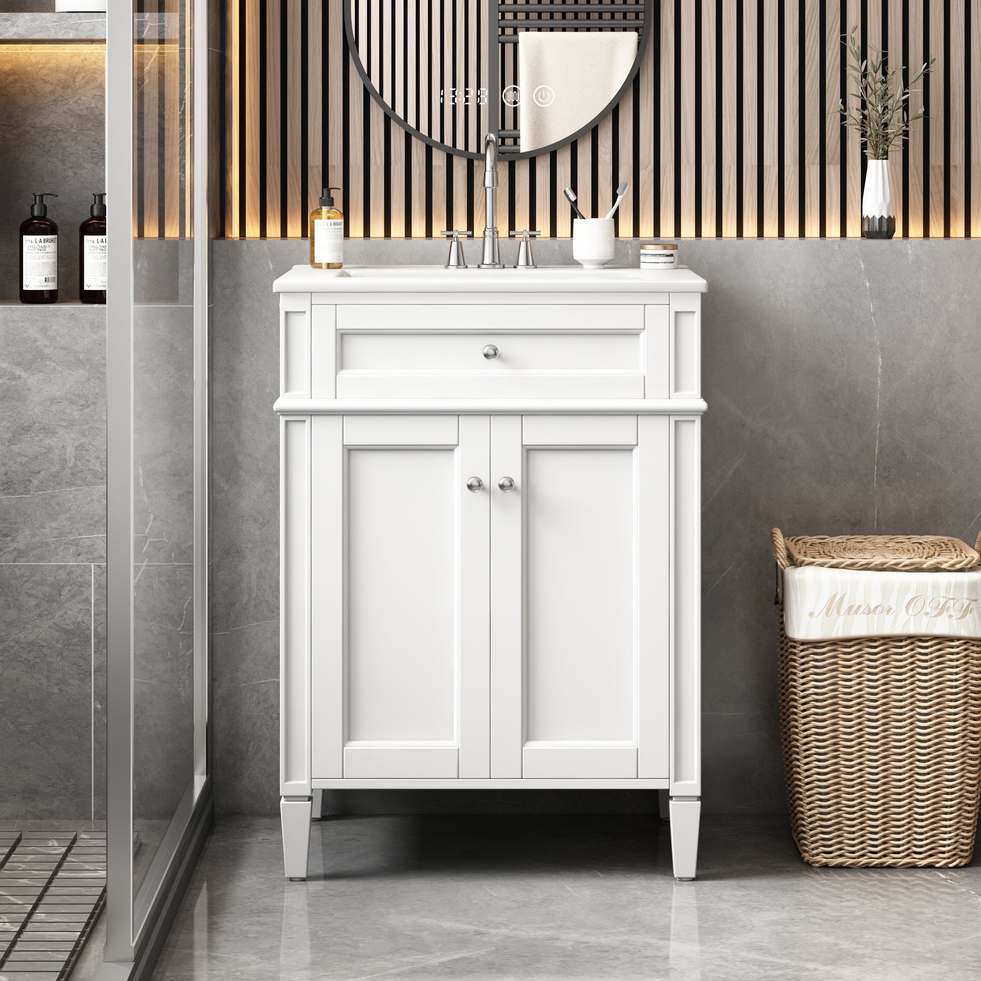 24-inch white bathroom vanity with sink and two soft-closing doors, front view