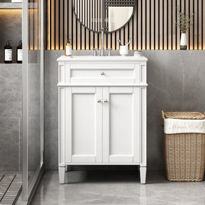 24-inch white bathroom vanity with sink and two soft-closing doors, front view