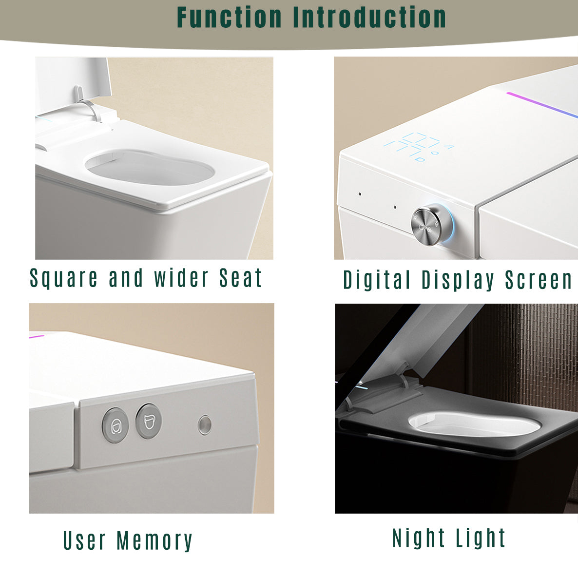 Square Smart Toilet with Built-in Tank for Modern Bathroom, Remote Control, Tankless Bidet Toilet with Foot Touching Lid Opening, Auto Flush, Heated Seat, LED Digital Display, User Memory, White